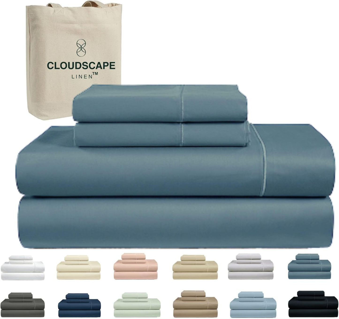 Cloud Scape Linen 100% Egyptian Cotton Sheets for Queen Size Bed, 4 Pieces Bedding Set, 1000 Thread Count, Hotel Quality, Silky Soft, Deep Pockets up to 17”, French Blue