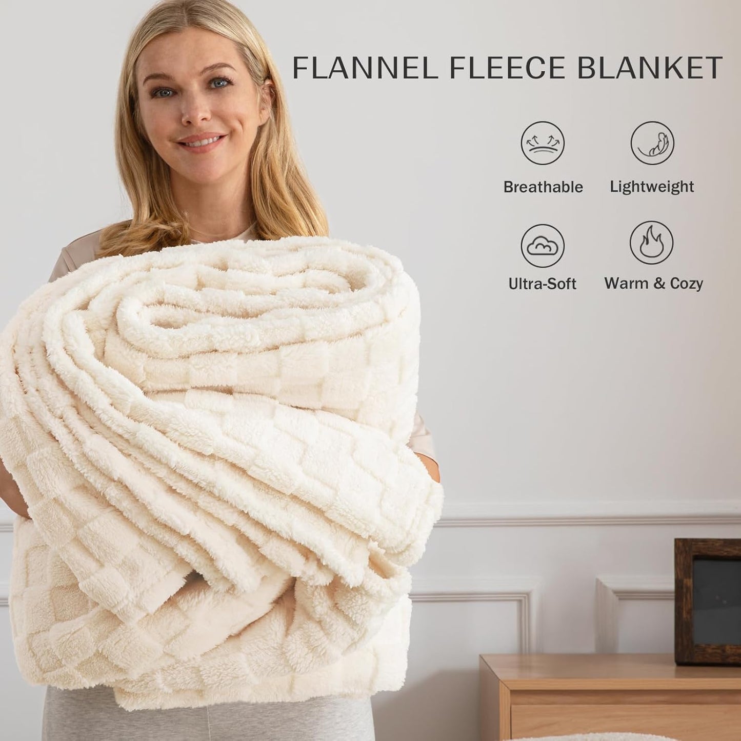 Exclusivo Mezcla Fleece Throw Blanket for Couch,Super Soft and Warm Lightweight Checkered Pattern Blankets for All Seasons, 50x60 Inches, Ivory