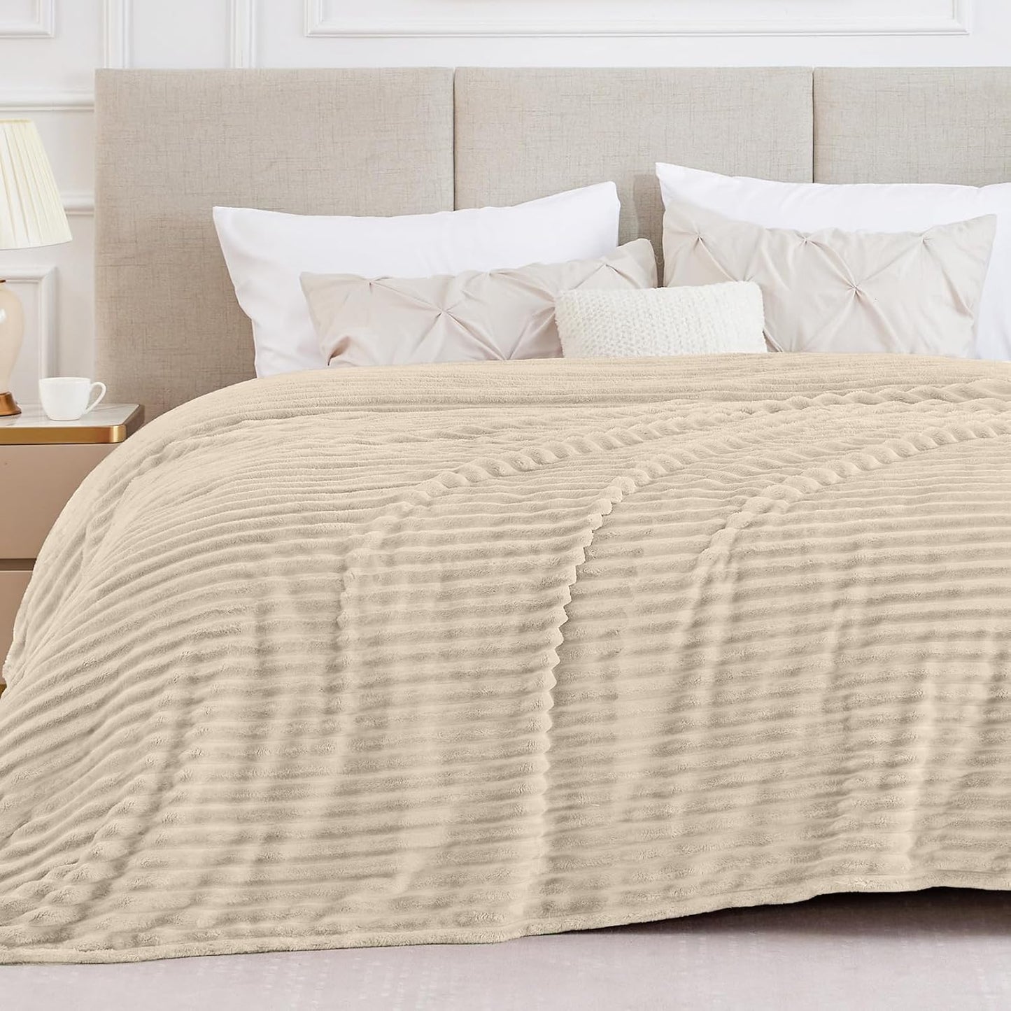 BEDELITE Fleece Throw Blanket for Couch - 300GSM Soft & Warm Fluffy Cream White Blanket, Decorative and Giftable Striped Blankets for Women, Men, 50"x60"