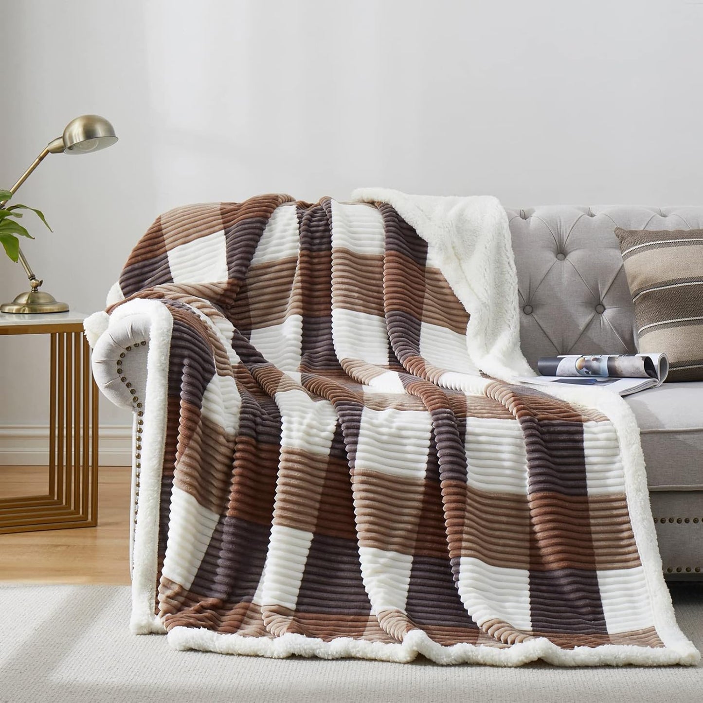 PU MEI Sherpa Fleece Throw Blanket 60" x 80" Reversible Plush Fluffy Large Big Blanket Lattice Flannel Blankets for Sofa Couch Bed (Grey-Soft Blue, 60"*80")