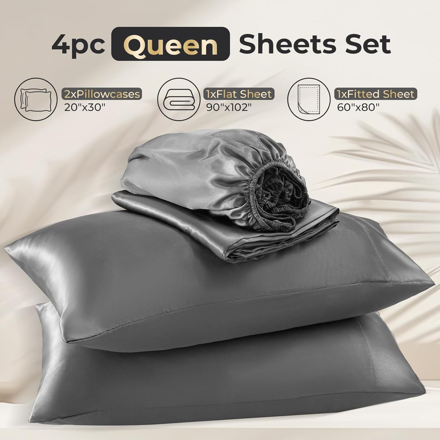 Sasttie Satin Sheets Queen Size - 4 Pieces Luxury Soft Dark Grey Silky Bed Sheets Set with Pillowcases - Smooth Silk-Like Satin Fabric, Reinforced 14 Inches Pocket, Oeko-Tex Certified