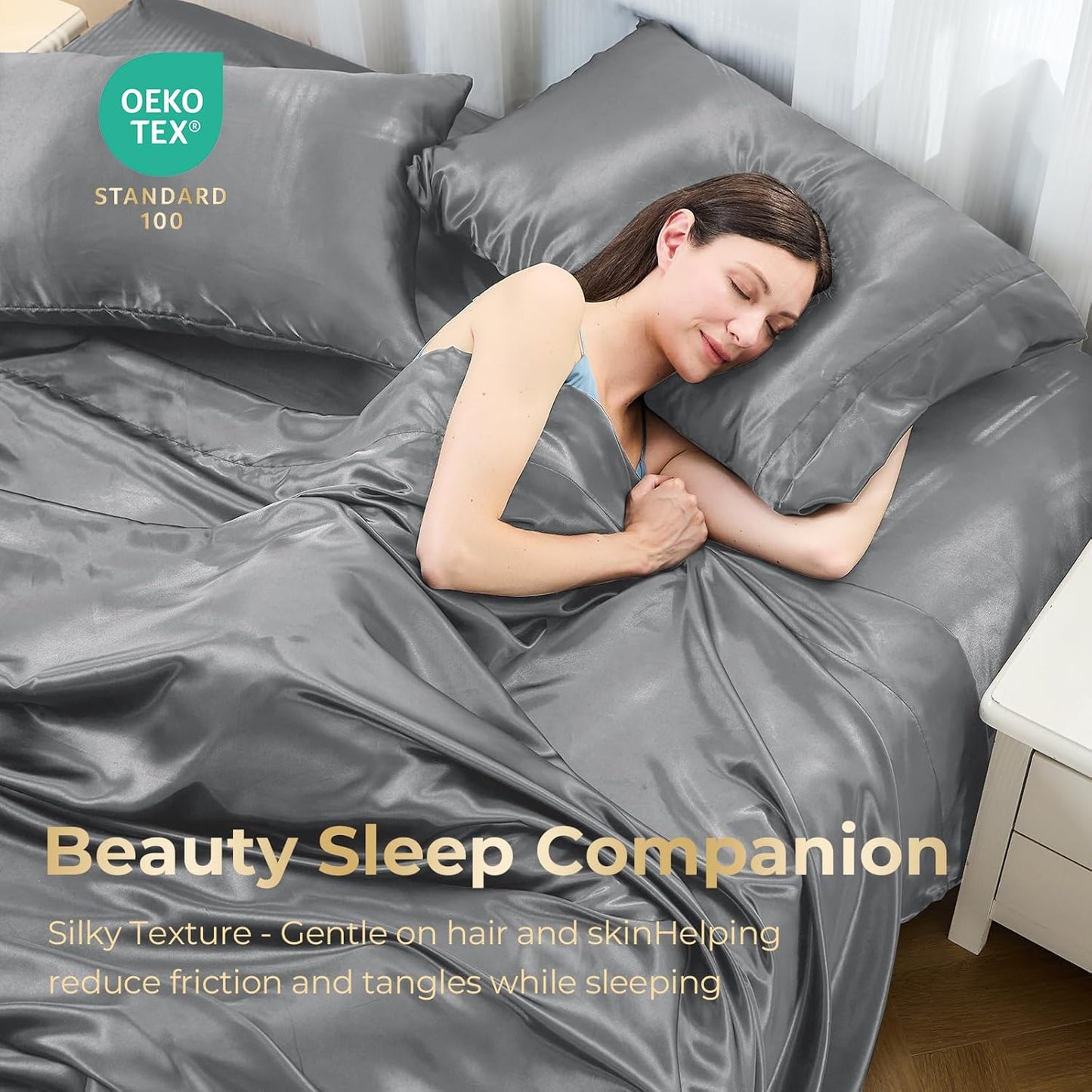 Sasttie Satin Sheets Queen Size - 4 Pieces Luxury Soft Dark Grey Silky Bed Sheets Set with Pillowcases - Smooth Silk-Like Satin Fabric, Reinforced 14 Inches Pocket, Oeko-Tex Certified