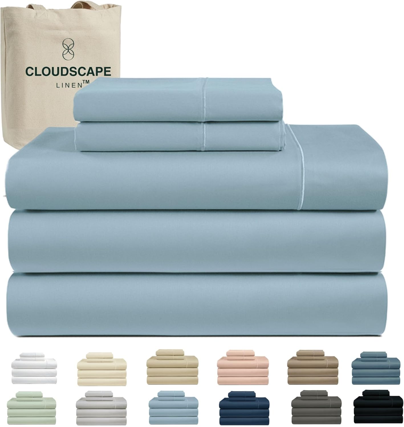 Cloud Scape Linen 100% Egyptian Cotton Sheets for Queen Size Bed, 4 Pieces Bedding Set, 1000 Thread Count, Hotel Quality, Silky Soft, Deep Pockets up to 17”, French Blue
