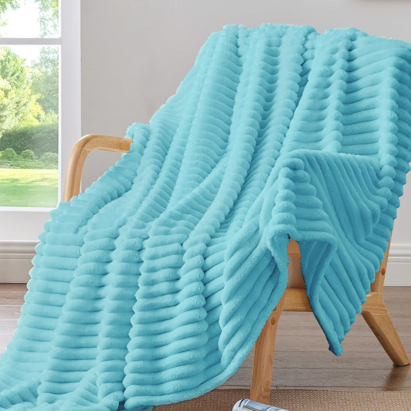 BEDELITE Fleece Throw Blanket for Couch - 300GSM Soft & Warm Fluffy Cream White Blanket, Decorative and Giftable Striped Blankets for Women, Men, 50"x60"