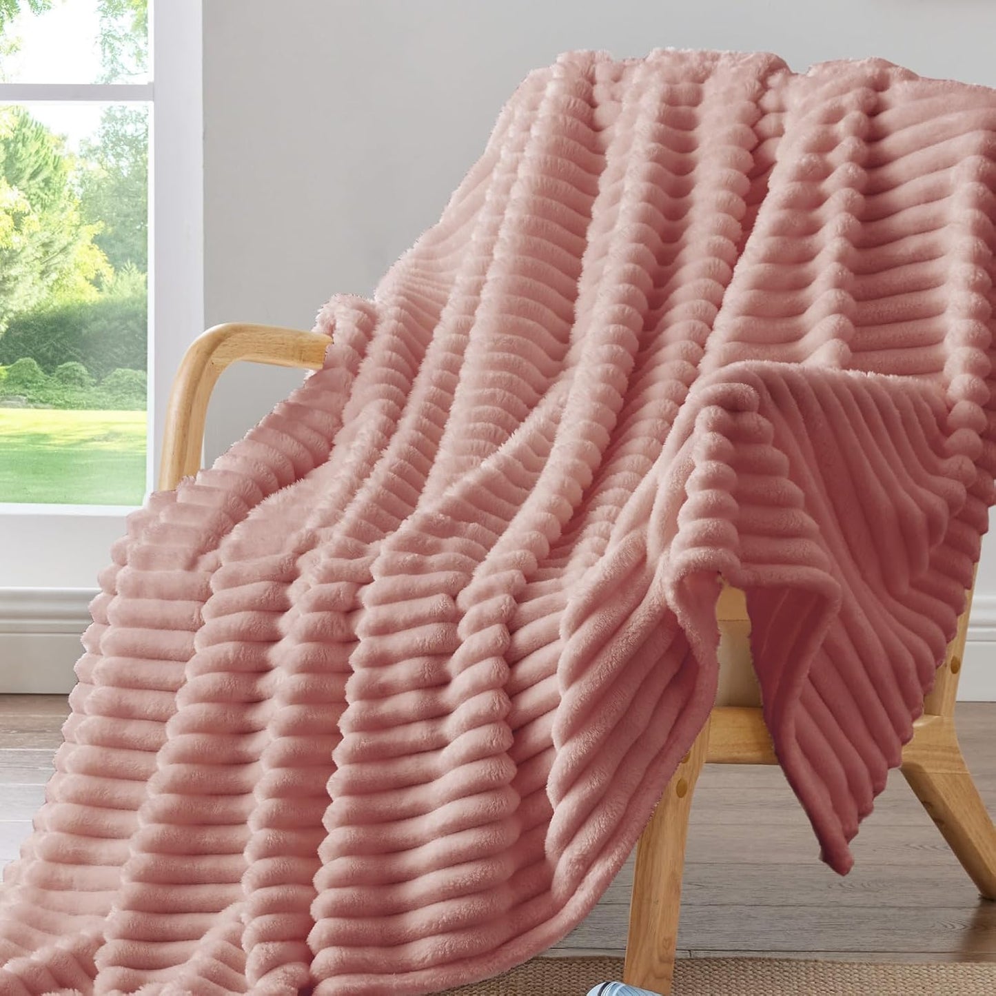 BEDELITE Fleece Throw Blanket for Couch - 300GSM Soft & Warm Fluffy Cream White Blanket, Decorative and Giftable Striped Blankets for Women, Men, 50"x60"