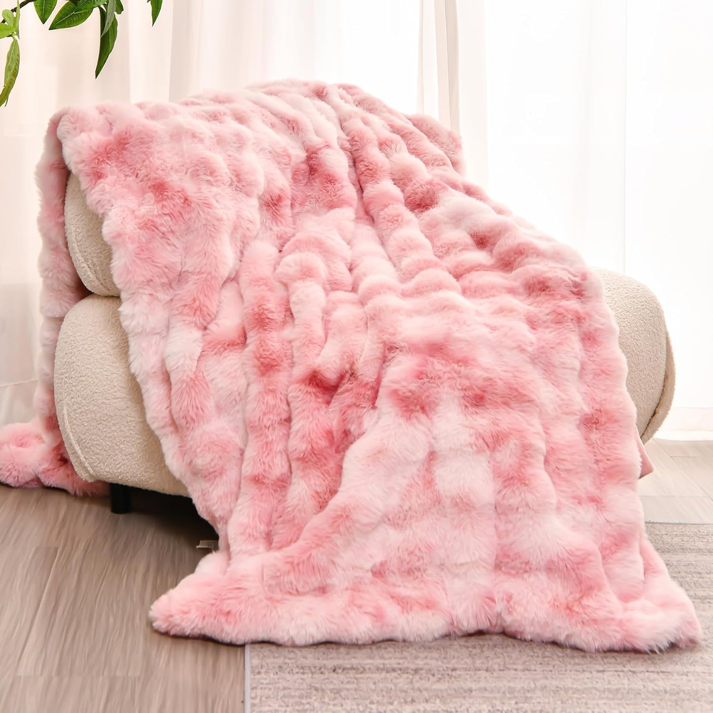 H&D Faux Fur Throw Blanket for Couch,Fluffy Cozy Soft Plush Luxury Thick Fuzzy Fleece Blanket for Couch Bed Sofa Bedroom Living Room,Comfy Bubble Blanket (Ivory, Throw (50" x 60"))