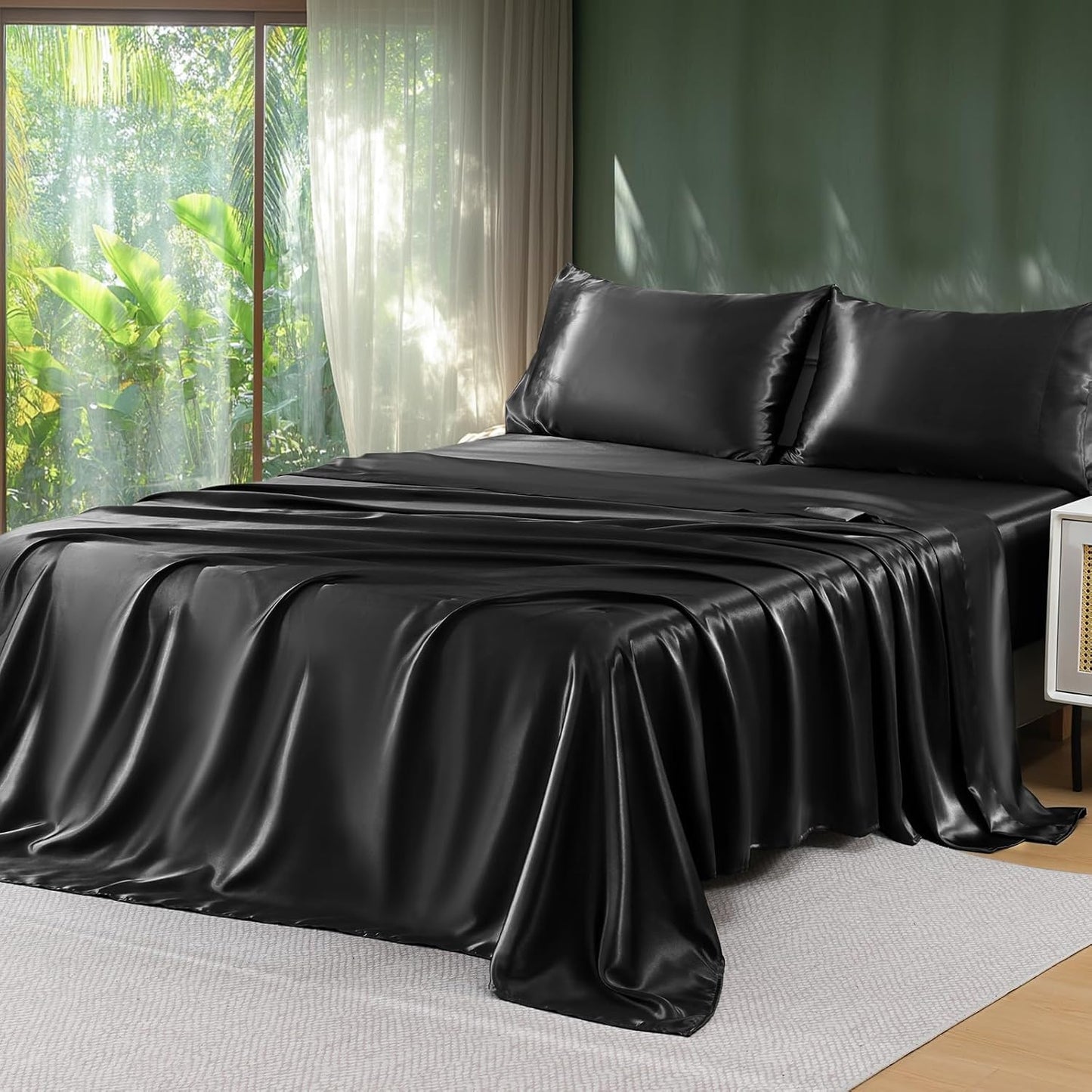 Sasttie Satin Sheets Queen Size - 4 Pieces Luxury Soft Dark Grey Silky Bed Sheets Set with Pillowcases - Smooth Silk-Like Satin Fabric, Reinforced 14 Inches Pocket, Oeko-Tex Certified