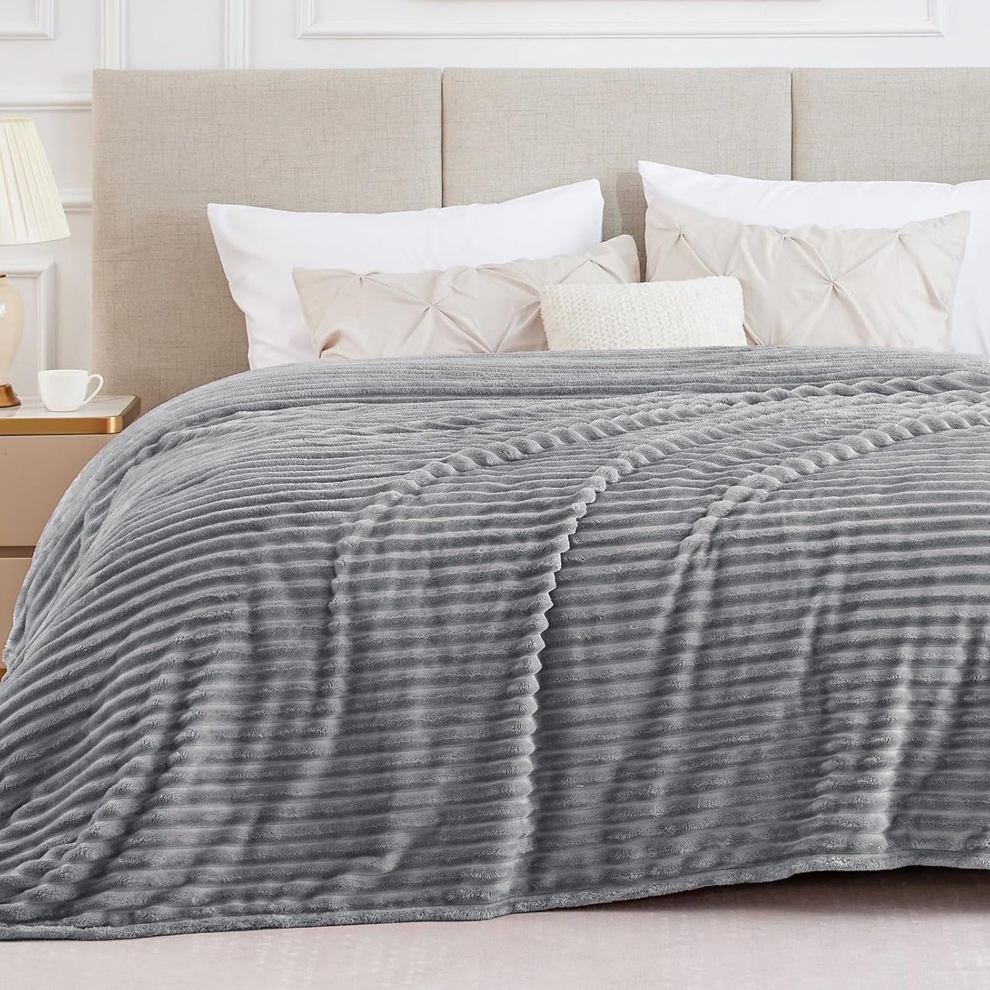 BEDELITE Fleece Throw Blanket for Couch - 300GSM Soft & Warm Fluffy Cream White Blanket, Decorative and Giftable Striped Blankets for Women, Men, 50"x60"