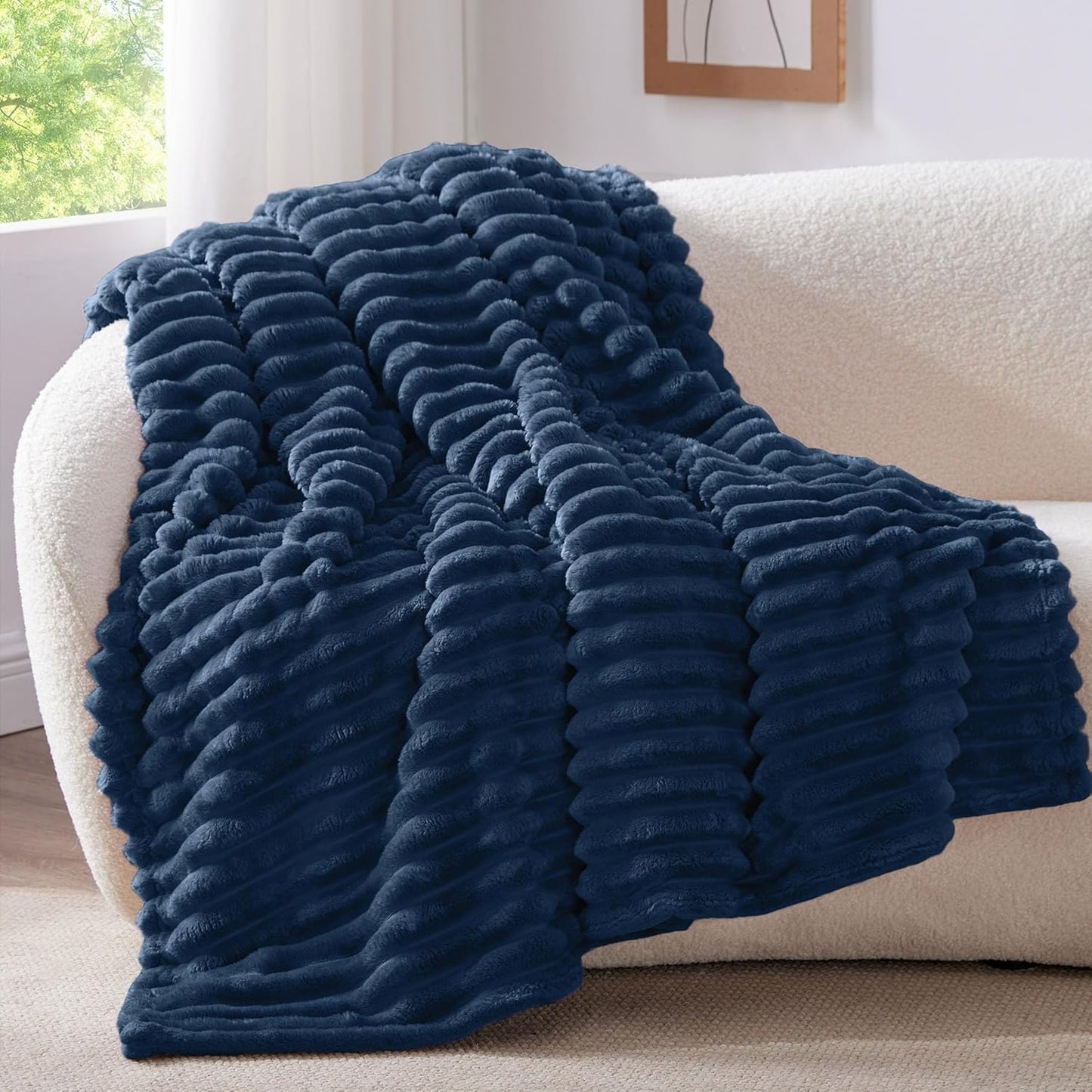 BEDELITE Fleece Throw Blanket for Couch - 300GSM Soft & Warm Fluffy Cream White Blanket, Decorative and Giftable Striped Blankets for Women, Men, 50"x60"