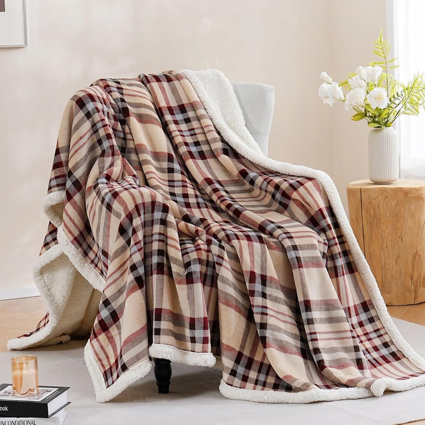 PU MEI Sherpa Fleece Throw Blanket 60" x 80" Reversible Plush Fluffy Large Big Blanket Lattice Flannel Blankets for Sofa Couch Bed (Grey-Soft Blue, 60"*80")