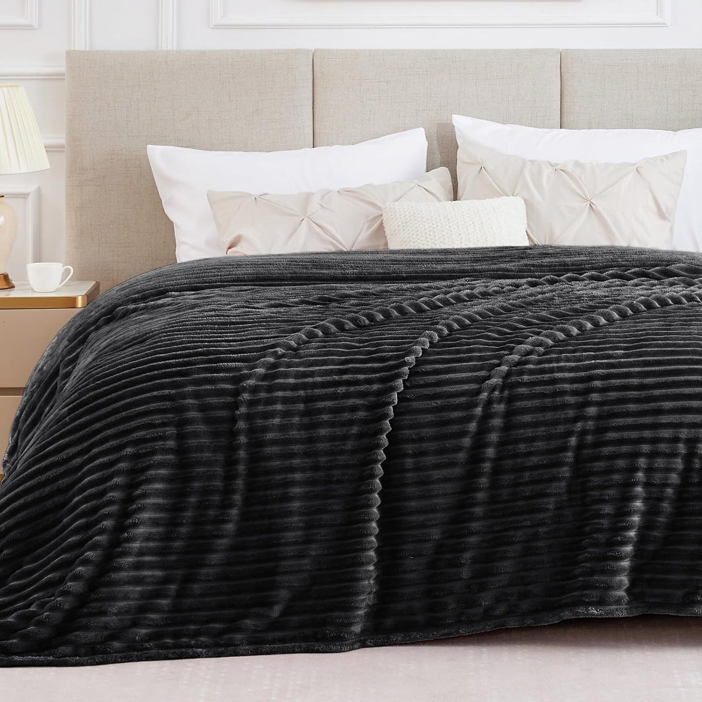 BEDELITE Fleece Throw Blanket for Couch - 300GSM Soft & Warm Fluffy Cream White Blanket, Decorative and Giftable Striped Blankets for Women, Men, 50"x60"