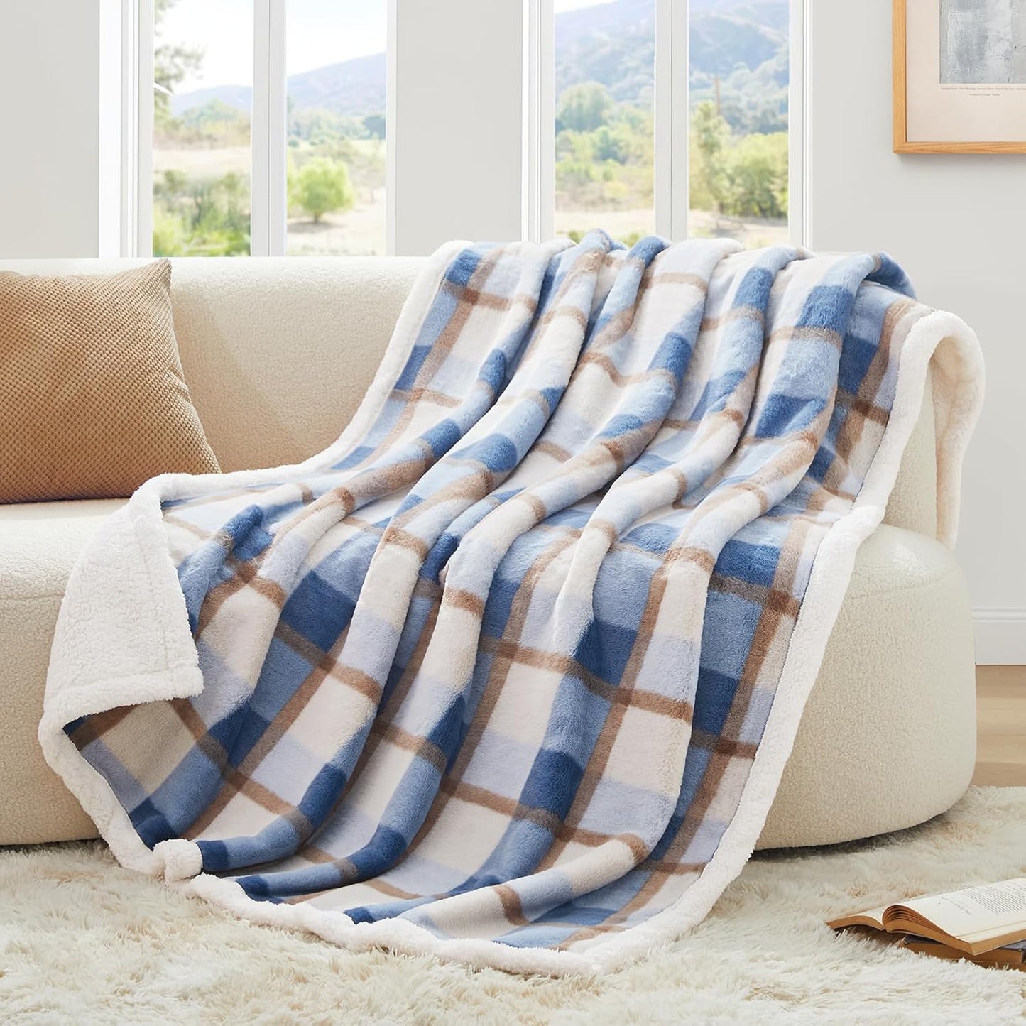PU MEI Sherpa Fleece Throw Blanket 60" x 80" Reversible Plush Fluffy Large Big Blanket Lattice Flannel Blankets for Sofa Couch Bed (Grey-Soft Blue, 60"*80")