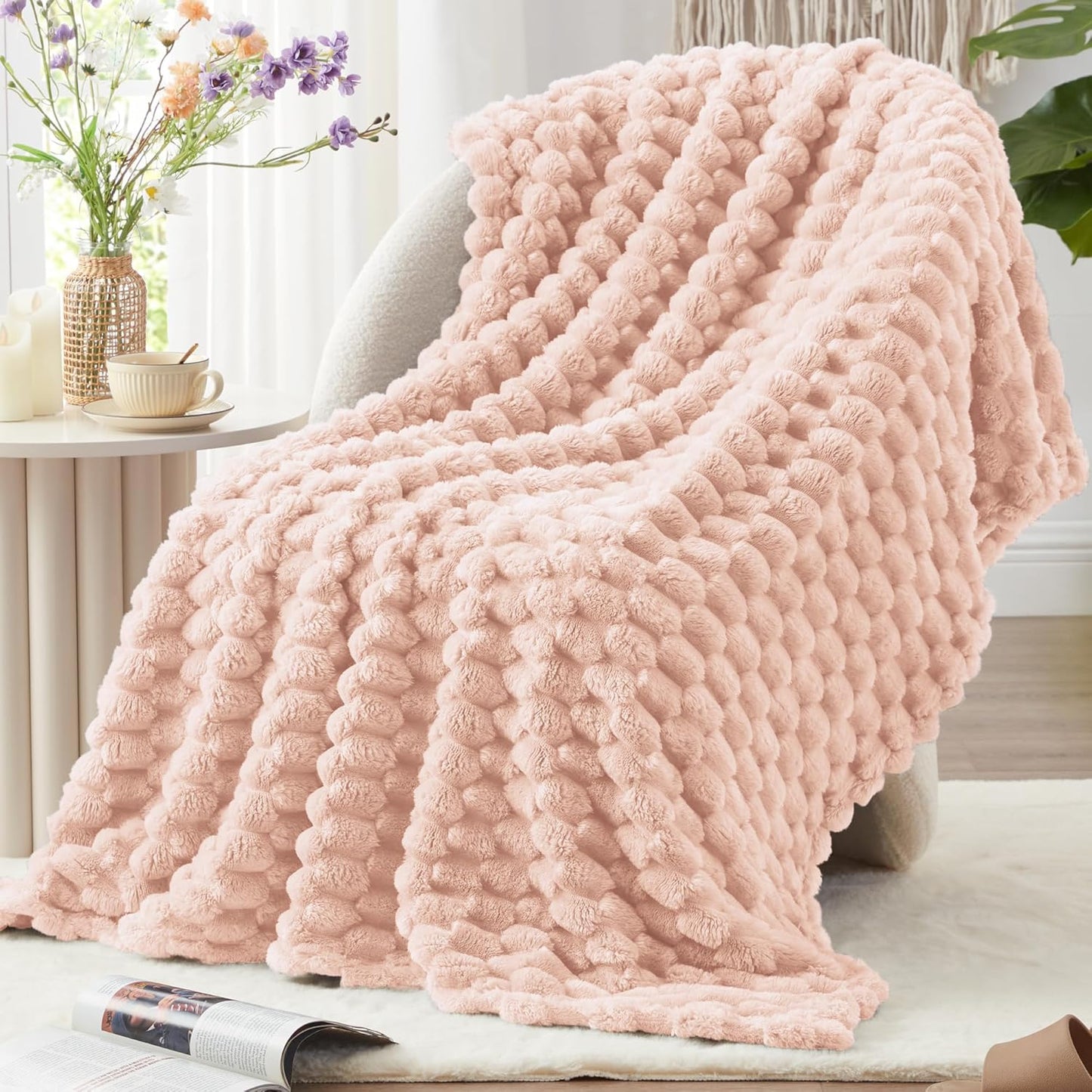 EXQ Home Fleece Throw Blanket for Couch or Bed - 3D Imitation Turtle Shell Jacquard Decorative Blankets - Cozy Soft Lightweight Fuzzy Flannel Blanket Suitable for All Seasons(50"×60",Beige)