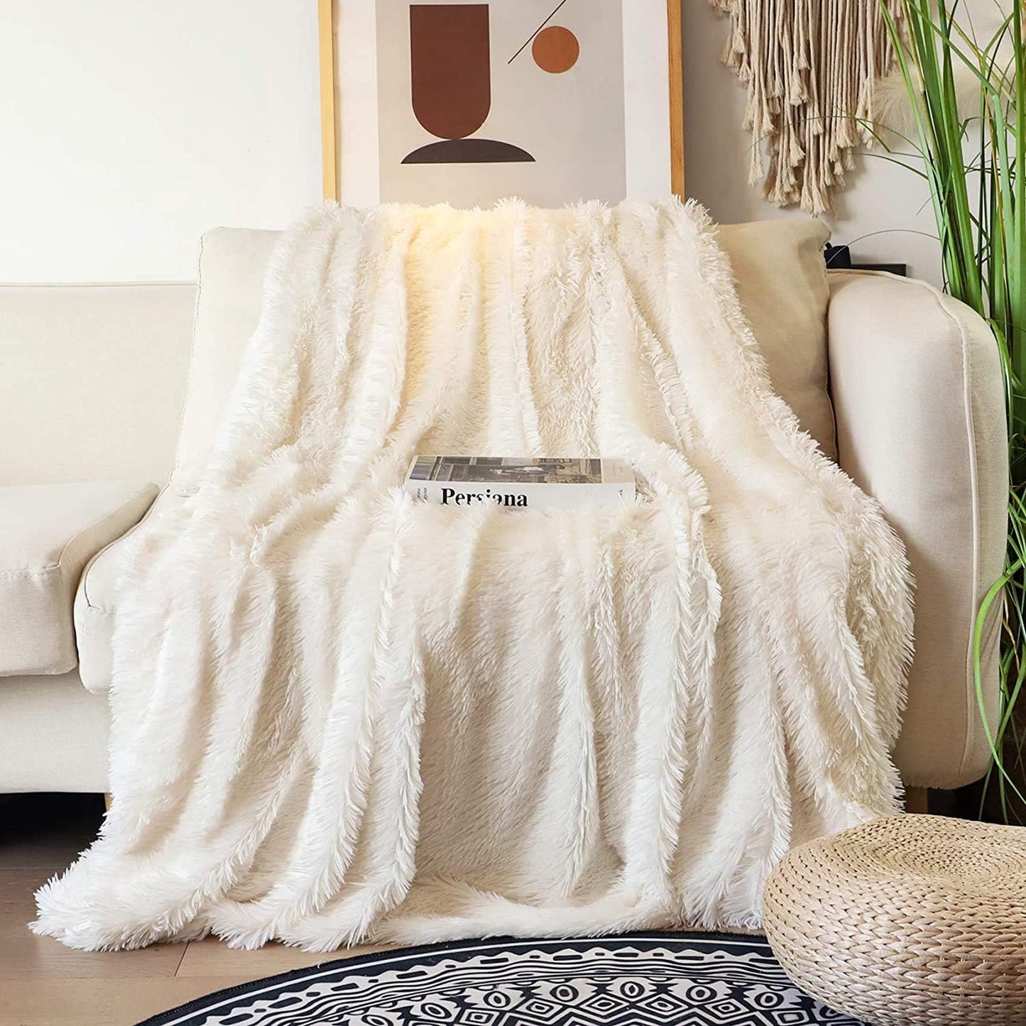 Tuddrom Decorative Extra Soft Fuzzy Faux Fur Throw Blanket 50" x 60",Solid Reversible Long Hair Shaggy Blanket,Fluffy Cozy Plush Comfy Microfiber Fleece Blankets for Couch Sofa Bedroom,Cream White