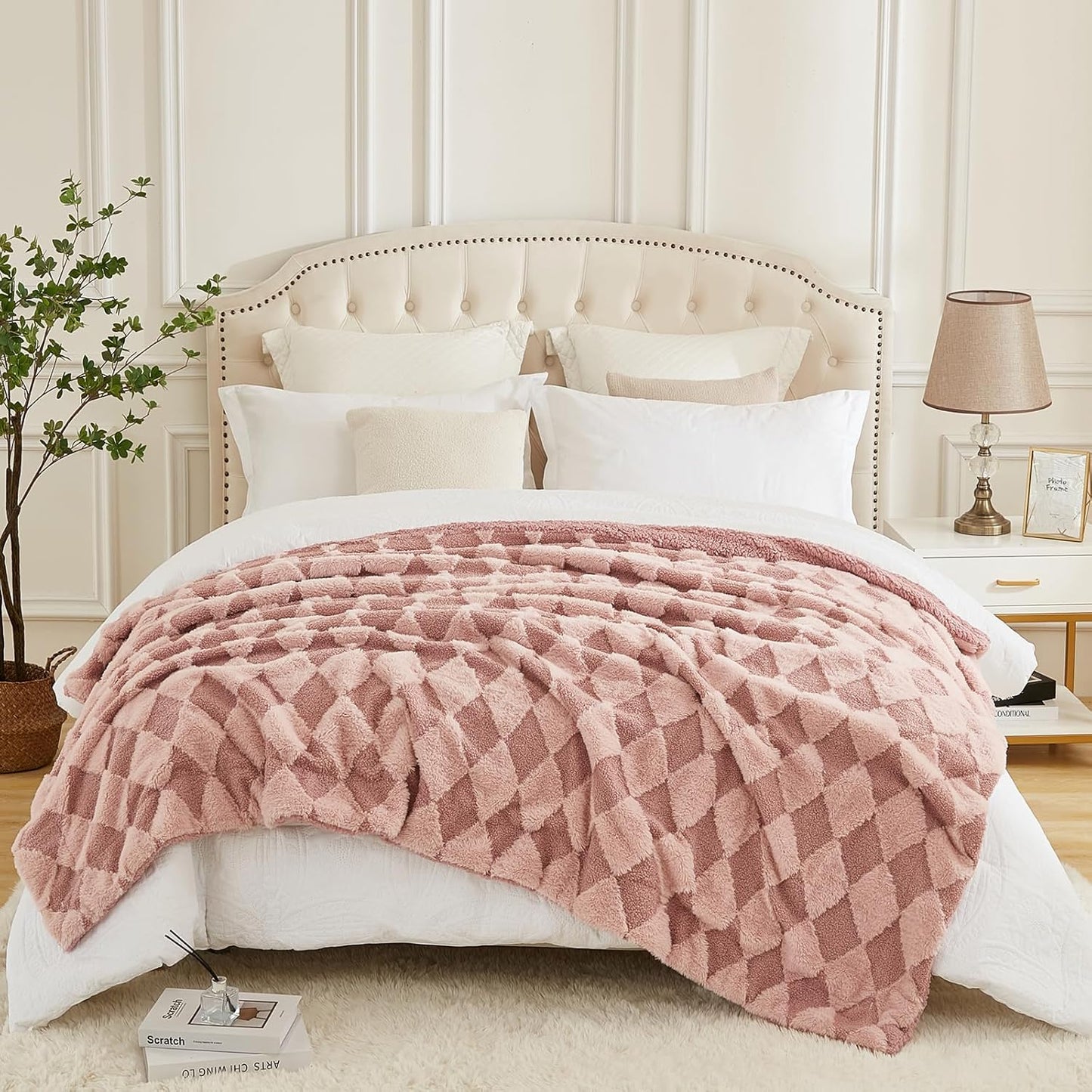 PU MEI Sherpa Fleece Throw Blanket 60" x 80" Reversible Plush Fluffy Large Big Blanket Lattice Flannel Blankets for Sofa Couch Bed (Grey-Soft Blue, 60"*80")
