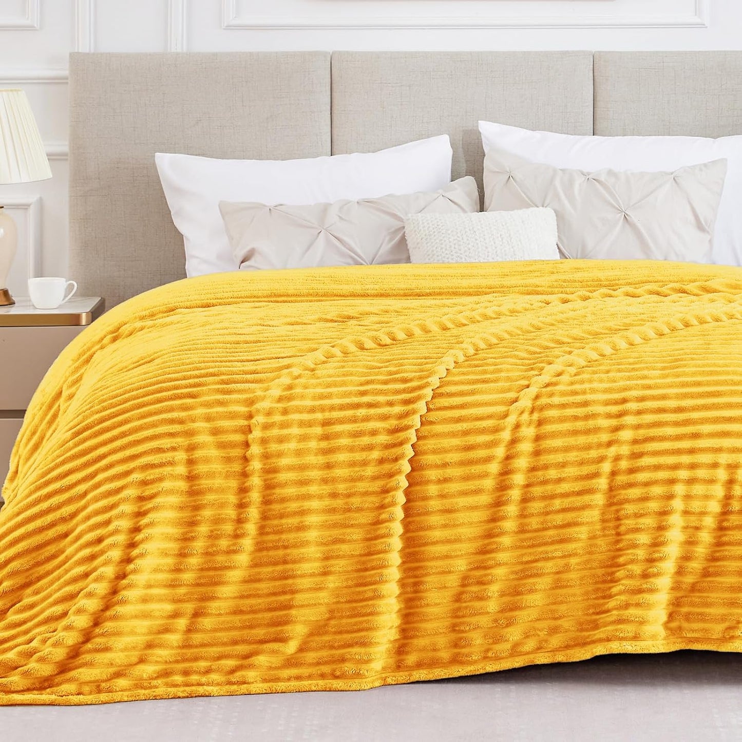 BEDELITE Fleece Throw Blanket for Couch - 300GSM Soft & Warm Fluffy Cream White Blanket, Decorative and Giftable Striped Blankets for Women, Men, 50"x60"