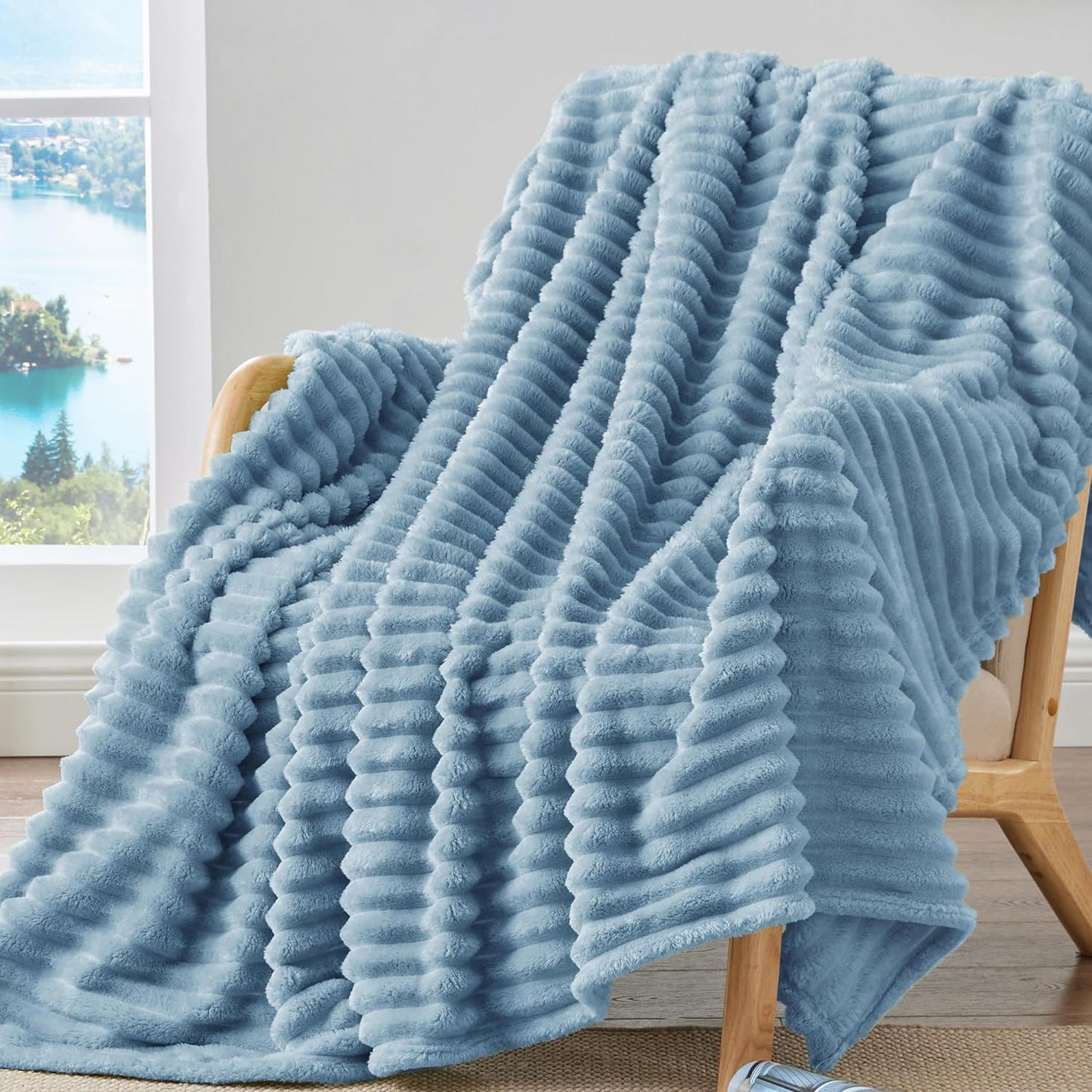 BEDELITE Fleece Throw Blanket for Couch - 300GSM Soft & Warm Fluffy Cream White Blanket, Decorative and Giftable Striped Blankets for Women, Men, 50"x60"