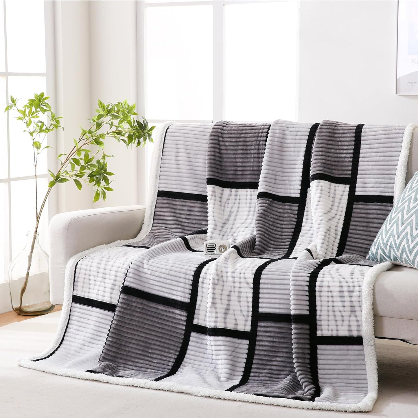 PU MEI Sherpa Fleece Throw Blanket 60" x 80" Reversible Plush Fluffy Large Big Blanket Lattice Flannel Blankets for Sofa Couch Bed (Grey-Soft Blue, 60"*80")