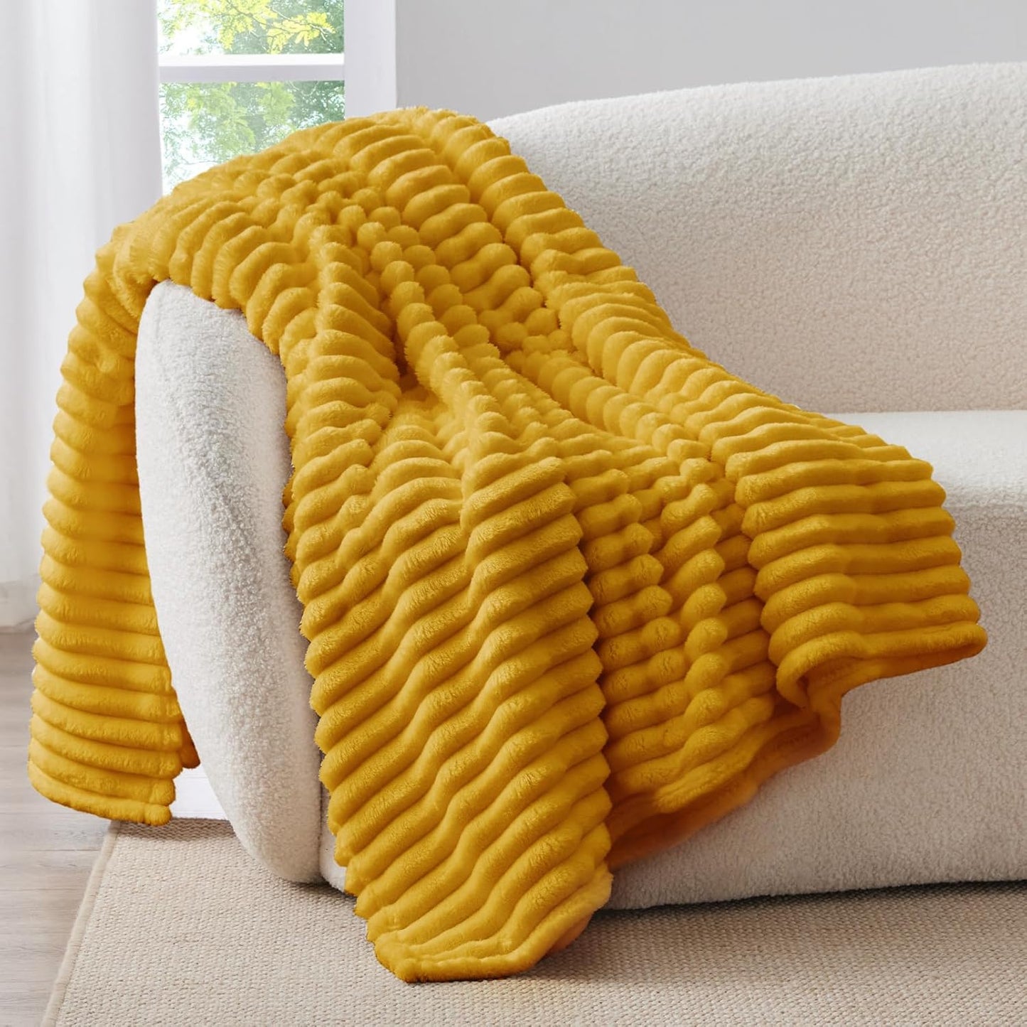 BEDELITE Fleece Throw Blanket for Couch - 300GSM Soft & Warm Fluffy Cream White Blanket, Decorative and Giftable Striped Blankets for Women, Men, 50"x60"