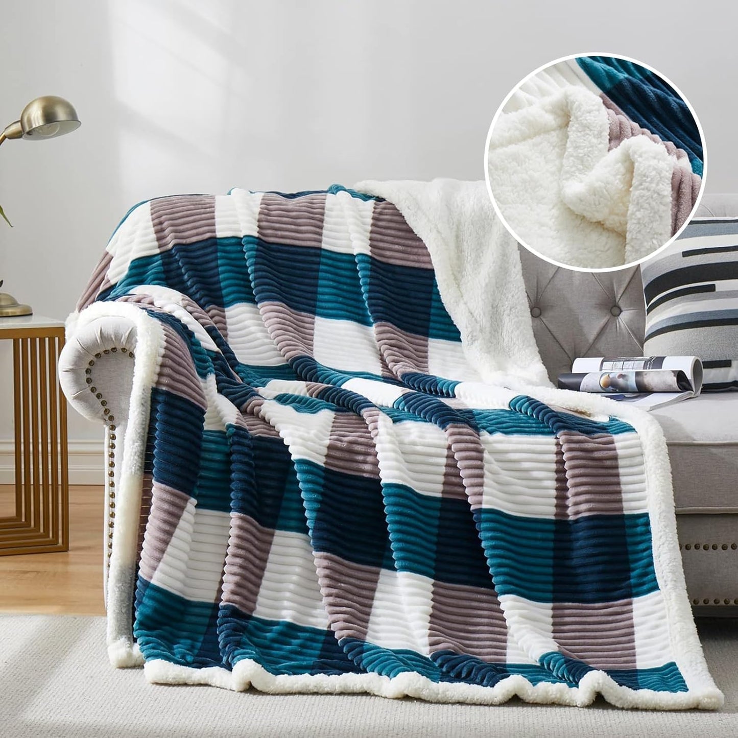 PU MEI Sherpa Fleece Throw Blanket 60" x 80" Reversible Plush Fluffy Large Big Blanket Lattice Flannel Blankets for Sofa Couch Bed (Grey-Soft Blue, 60"*80")