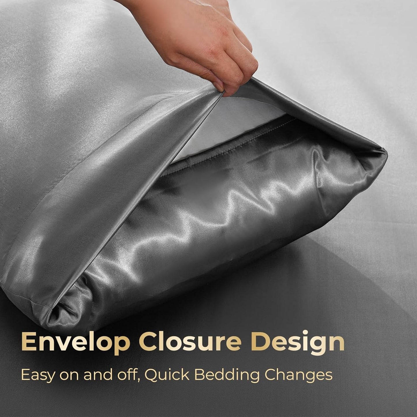 Sasttie Satin Sheets Queen Size - 4 Pieces Luxury Soft Dark Grey Silky Bed Sheets Set with Pillowcases - Smooth Silk-Like Satin Fabric, Reinforced 14 Inches Pocket, Oeko-Tex Certified