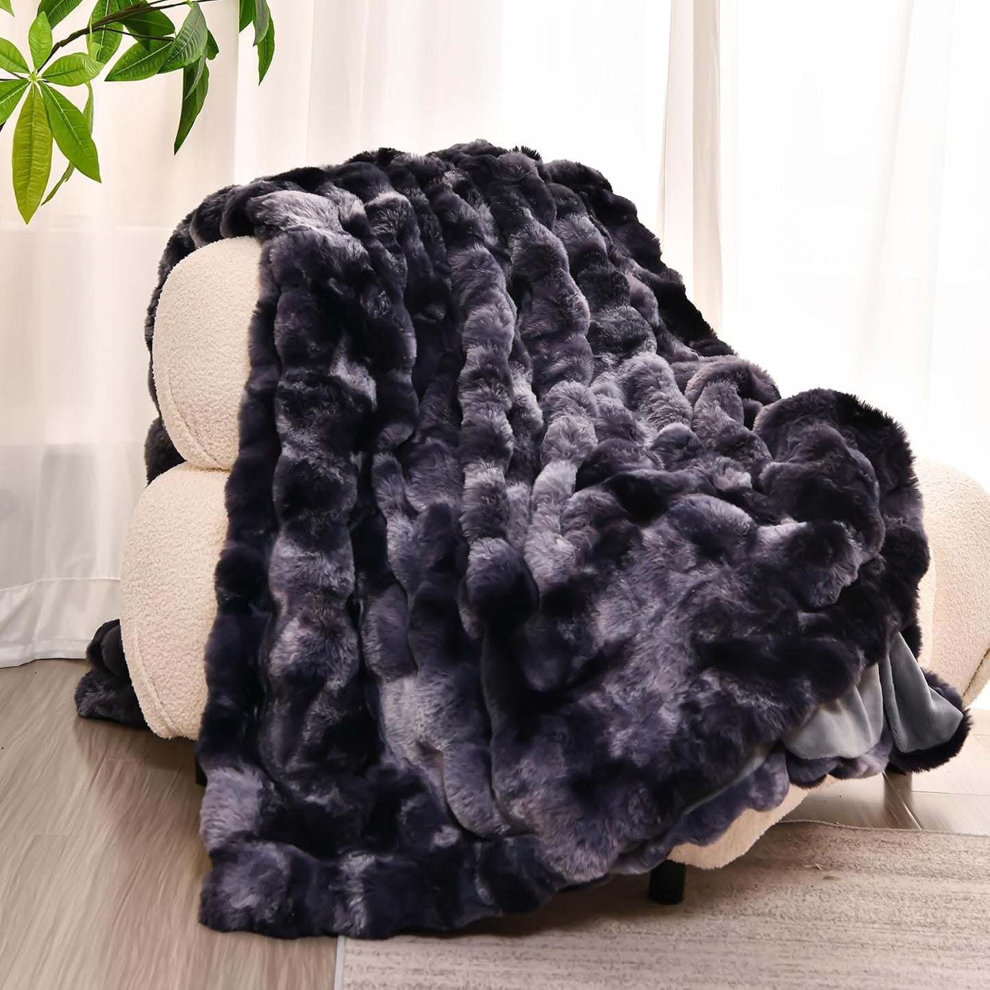 H&D Faux Fur Throw Blanket for Couch,Fluffy Cozy Soft Plush Luxury Thick Fuzzy Fleece Blanket for Couch Bed Sofa Bedroom Living Room,Comfy Bubble Blanket (Ivory, Throw (50" x 60"))