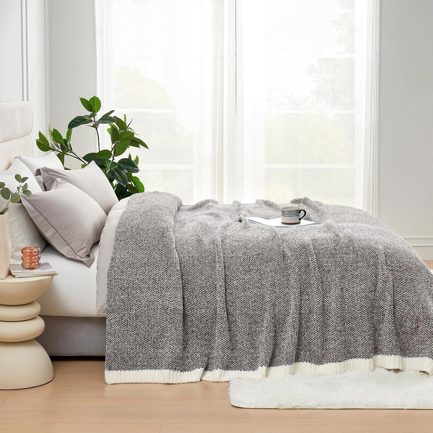 Snuggle Sac Heather Taupe Throw Blanket for Couch, Reversible Super Soft Knitted Blankets Warm Cozy Knit Fuzzy Plush Lightweight Throws for Sofa, Bed, Camping, Picnic, Taupe, 50x60 inches