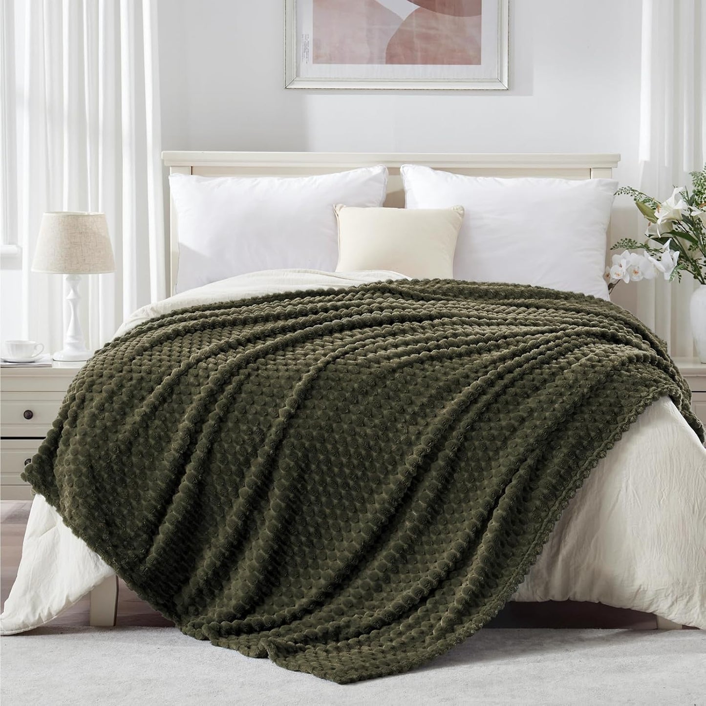 EXQ Home Fleece Throw Blanket for Couch or Bed - 3D Imitation Turtle Shell Jacquard Decorative Blankets - Cozy Soft Lightweight Fuzzy Flannel Blanket Suitable for All Seasons(50"×60",Beige)