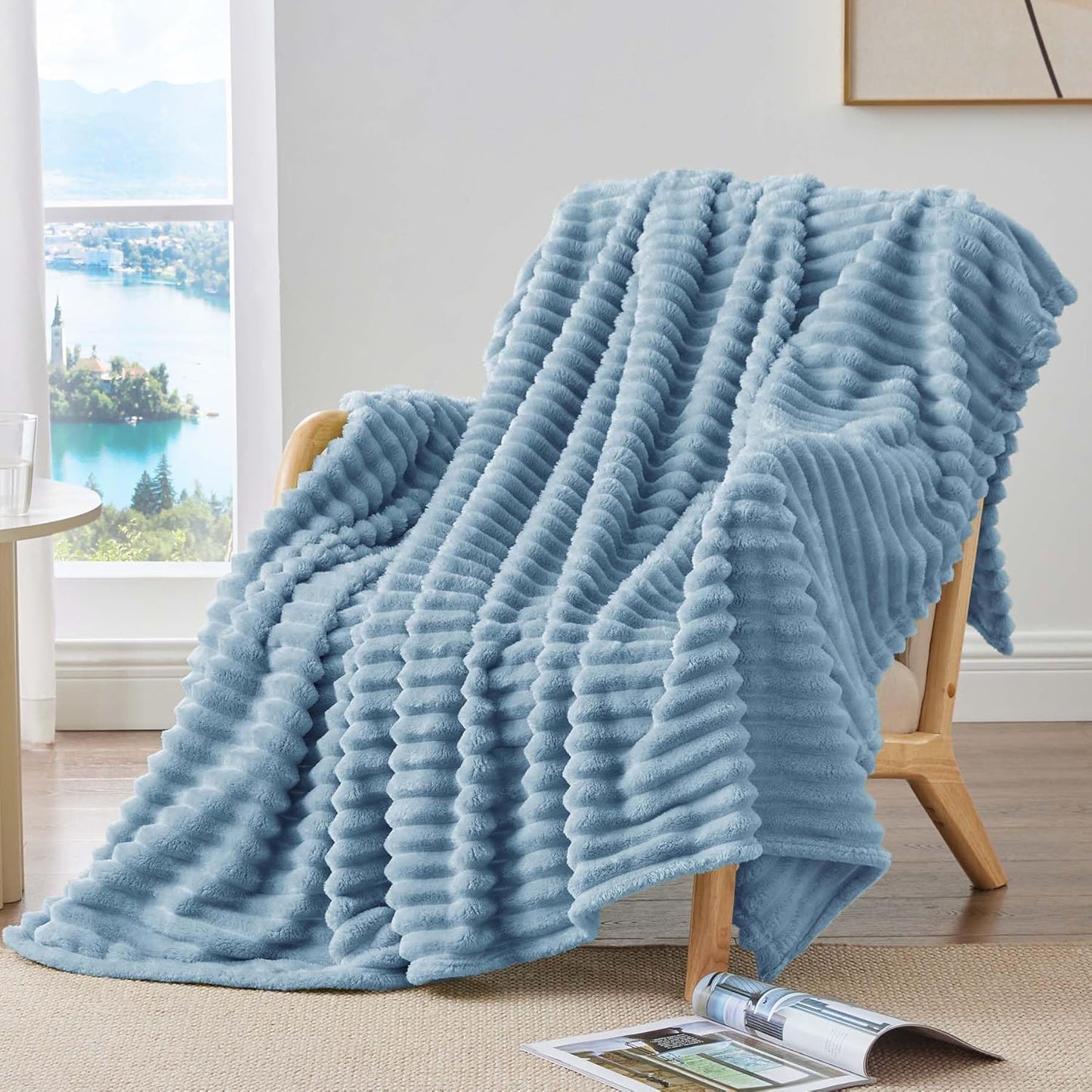 BEDELITE Fleece Throw Blanket for Couch - 300GSM Soft & Warm Fluffy Cream White Blanket, Decorative and Giftable Striped Blankets for Women, Men, 50"x60"