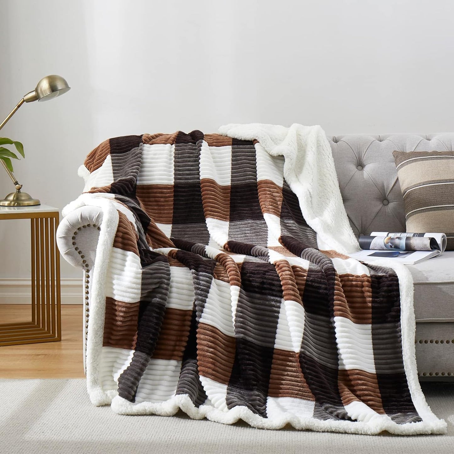 PU MEI Sherpa Fleece Throw Blanket 60" x 80" Reversible Plush Fluffy Large Big Blanket Lattice Flannel Blankets for Sofa Couch Bed (Grey-Soft Blue, 60"*80")