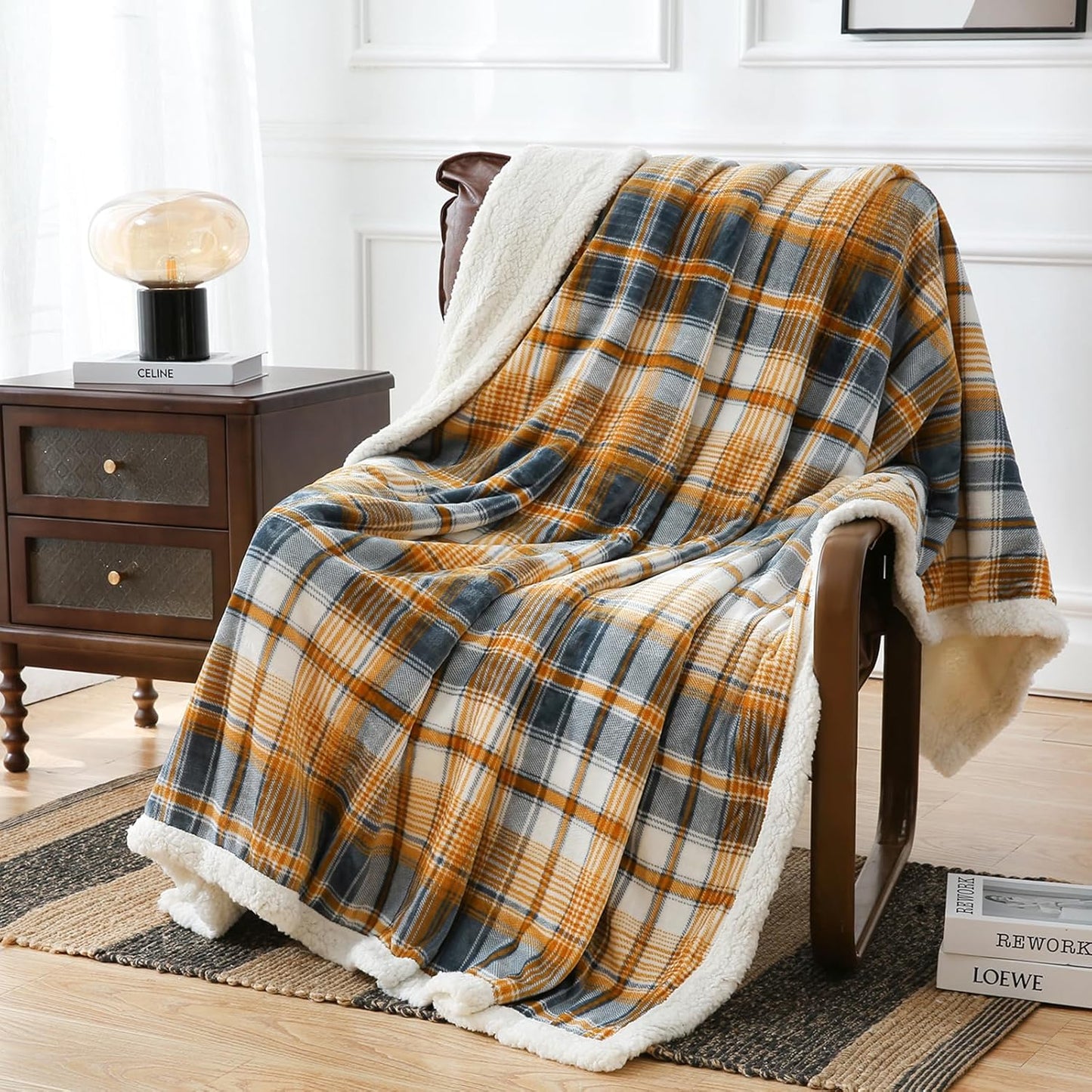 PU MEI Sherpa Fleece Throw Blanket 60" x 80" Reversible Plush Fluffy Large Big Blanket Lattice Flannel Blankets for Sofa Couch Bed (Grey-Soft Blue, 60"*80")