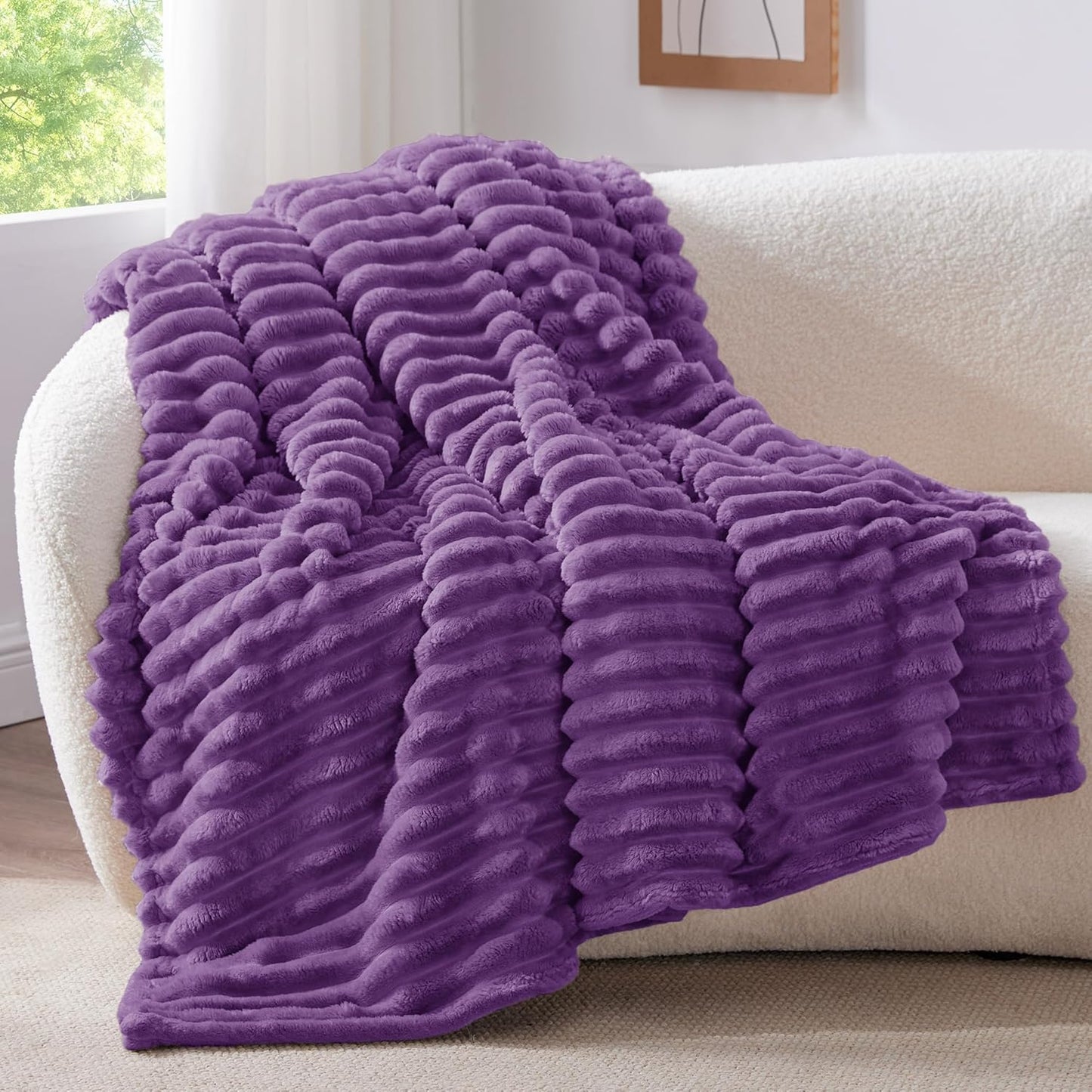 BEDELITE Fleece Throw Blanket for Couch - 300GSM Soft & Warm Fluffy Cream White Blanket, Decorative and Giftable Striped Blankets for Women, Men, 50"x60"