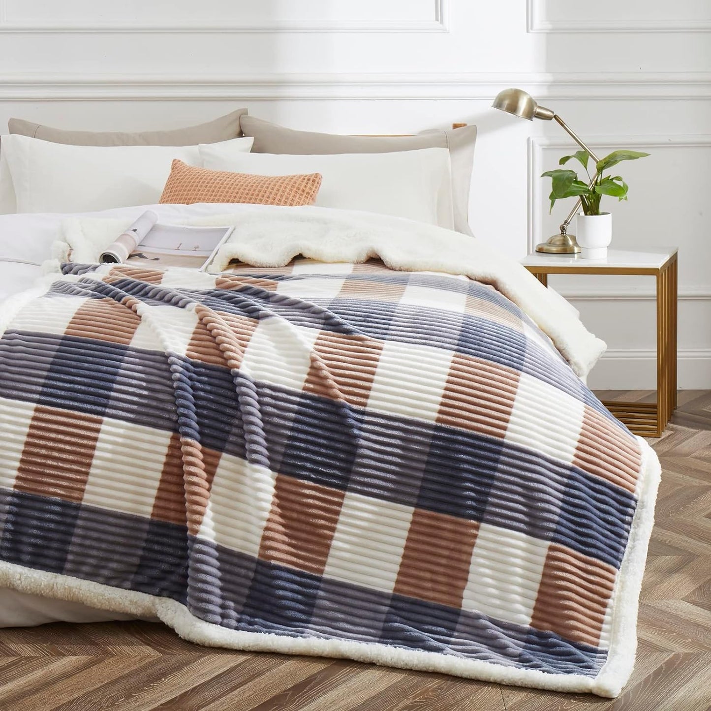 PU MEI Sherpa Fleece Throw Blanket 60" x 80" Reversible Plush Fluffy Large Big Blanket Lattice Flannel Blankets for Sofa Couch Bed (Grey-Soft Blue, 60"*80")