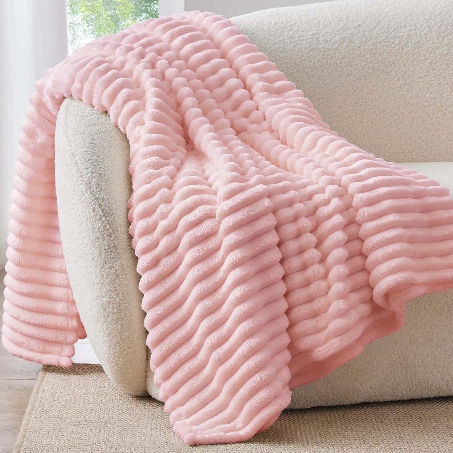 BEDELITE Fleece Throw Blanket for Couch - 300GSM Soft & Warm Fluffy Cream White Blanket, Decorative and Giftable Striped Blankets for Women, Men, 50"x60"