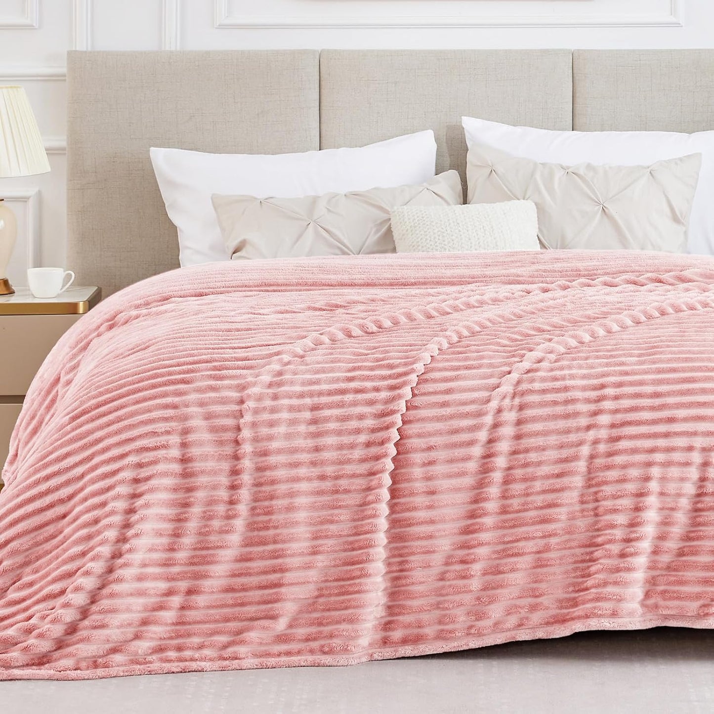 BEDELITE Fleece Throw Blanket for Couch - 300GSM Soft & Warm Fluffy Cream White Blanket, Decorative and Giftable Striped Blankets for Women, Men, 50"x60"