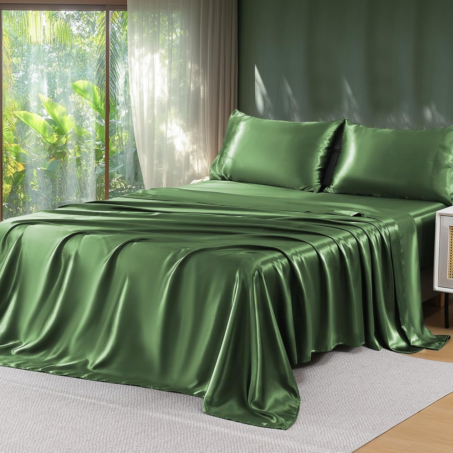 Sasttie Satin Sheets Queen Size - 4 Pieces Luxury Soft Dark Grey Silky Bed Sheets Set with Pillowcases - Smooth Silk-Like Satin Fabric, Reinforced 14 Inches Pocket, Oeko-Tex Certified