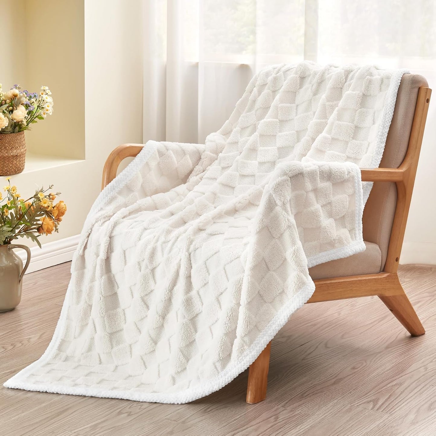BEDELITE Fleece Throw Blanket for Couch - 300GSM Soft & Warm Fluffy Cream White Blanket, Decorative and Giftable Striped Blankets for Women, Men, 50"x60"