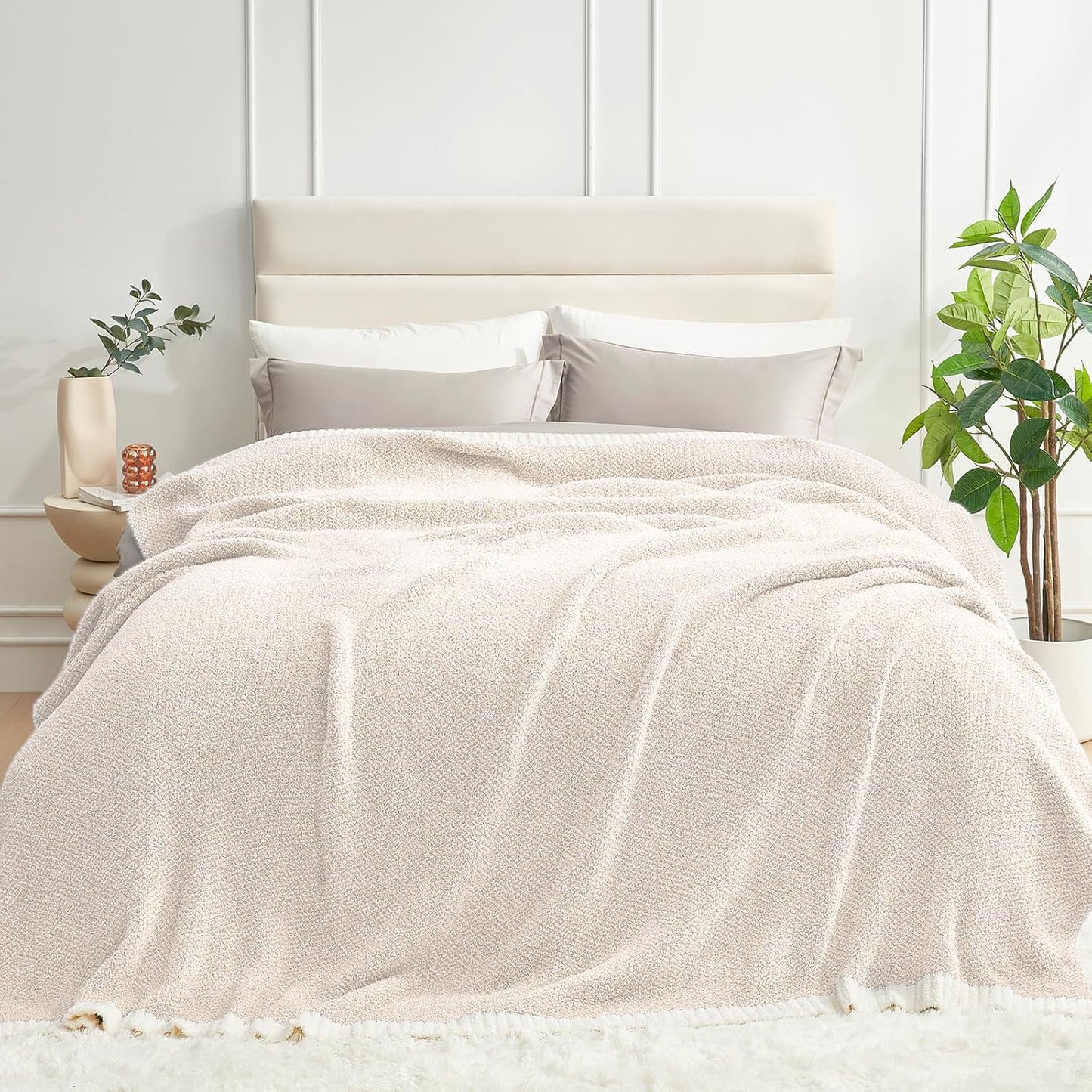 Snuggle Sac Heather Taupe Throw Blanket for Couch, Reversible Super Soft Knitted Blankets Warm Cozy Knit Fuzzy Plush Lightweight Throws for Sofa, Bed, Camping, Picnic, Taupe, 50x60 inches