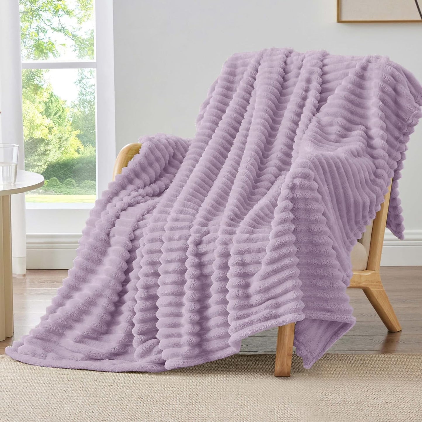 BEDELITE Fleece Throw Blanket for Couch - 300GSM Soft & Warm Fluffy Cream White Blanket, Decorative and Giftable Striped Blankets for Women, Men, 50"x60"