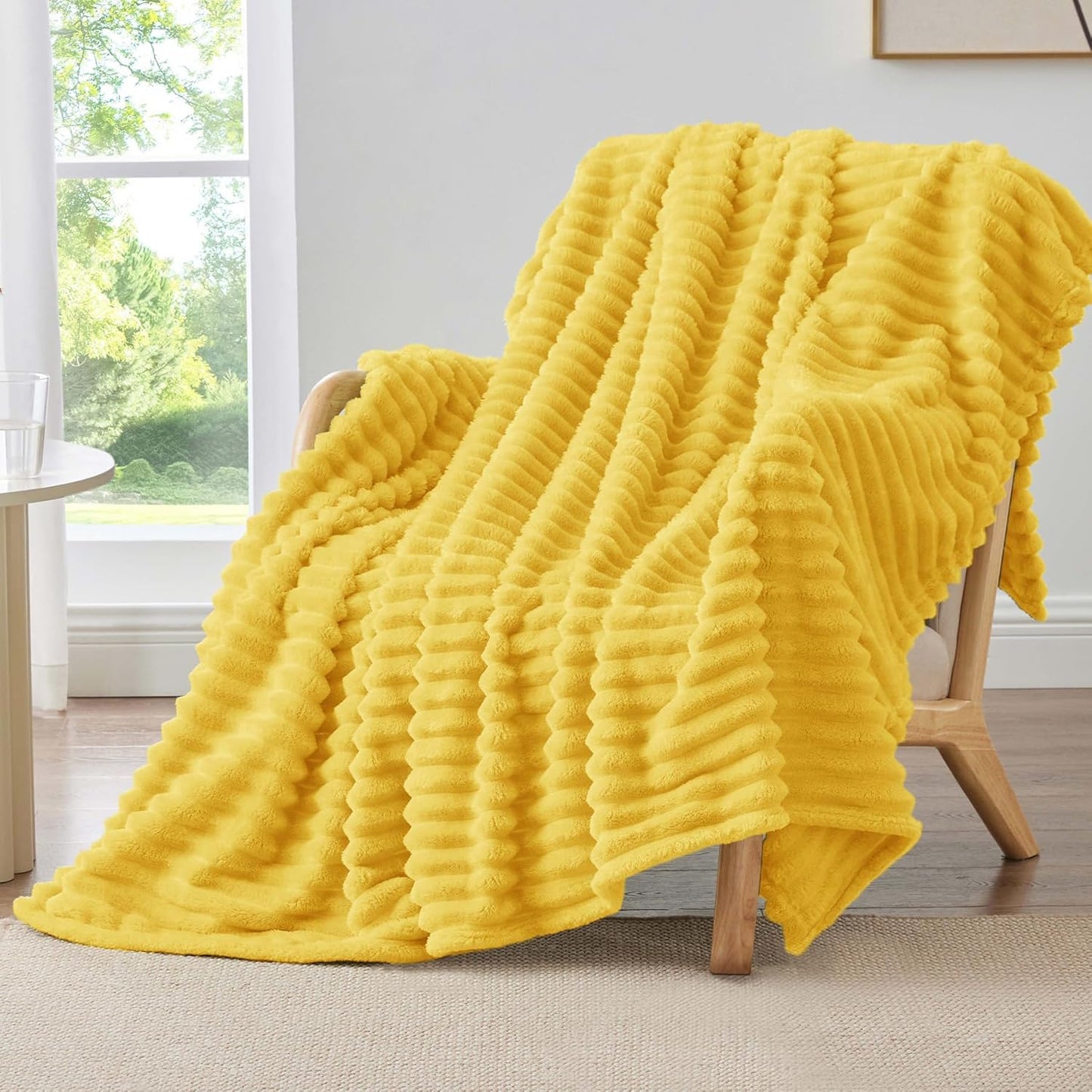 BEDELITE Fleece Throw Blanket for Couch - 300GSM Soft & Warm Fluffy Cream White Blanket, Decorative and Giftable Striped Blankets for Women, Men, 50"x60"