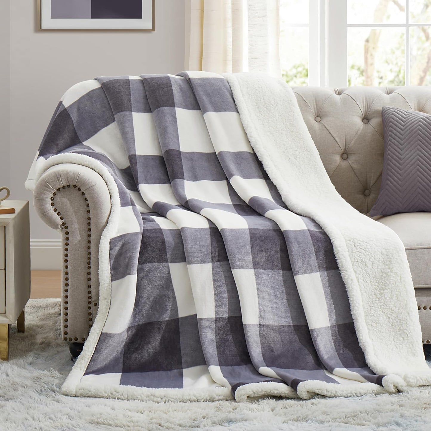 PU MEI Sherpa Fleece Throw Blanket 60" x 80" Reversible Plush Fluffy Large Big Blanket Lattice Flannel Blankets for Sofa Couch Bed (Grey-Soft Blue, 60"*80")