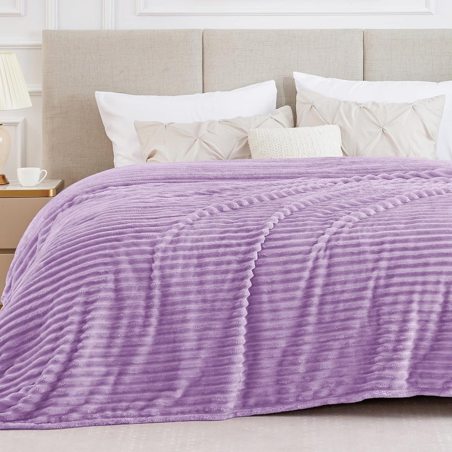 BEDELITE Fleece Throw Blanket for Couch - 300GSM Soft & Warm Fluffy Cream White Blanket, Decorative and Giftable Striped Blankets for Women, Men, 50"x60"