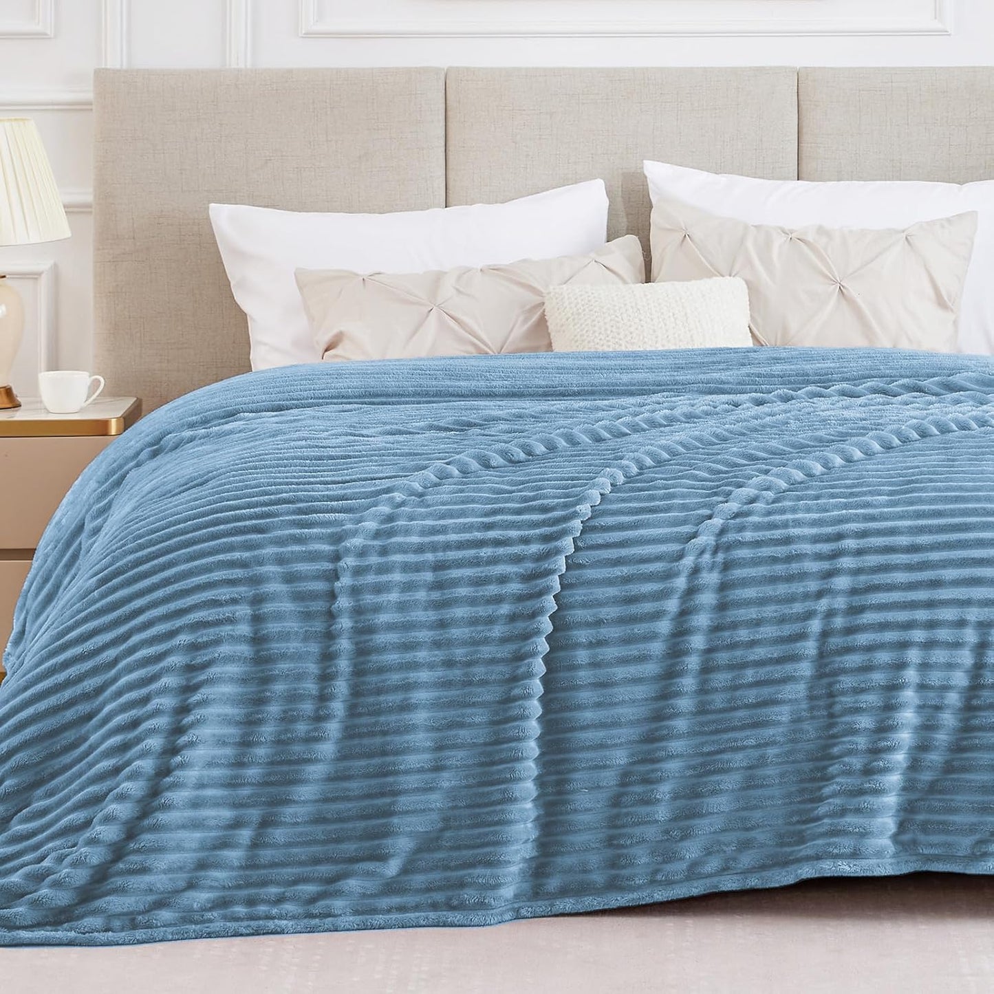 BEDELITE Fleece Throw Blanket for Couch - 300GSM Soft & Warm Fluffy Cream White Blanket, Decorative and Giftable Striped Blankets for Women, Men, 50"x60"
