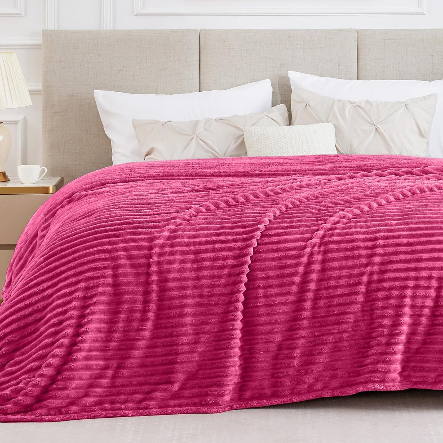 BEDELITE Fleece Throw Blanket for Couch - 300GSM Soft & Warm Fluffy Cream White Blanket, Decorative and Giftable Striped Blankets for Women, Men, 50"x60"