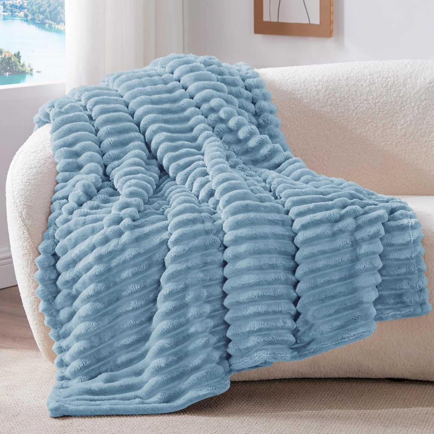 BEDELITE Fleece Throw Blanket for Couch - 300GSM Soft & Warm Fluffy Cream White Blanket, Decorative and Giftable Striped Blankets for Women, Men, 50"x60"