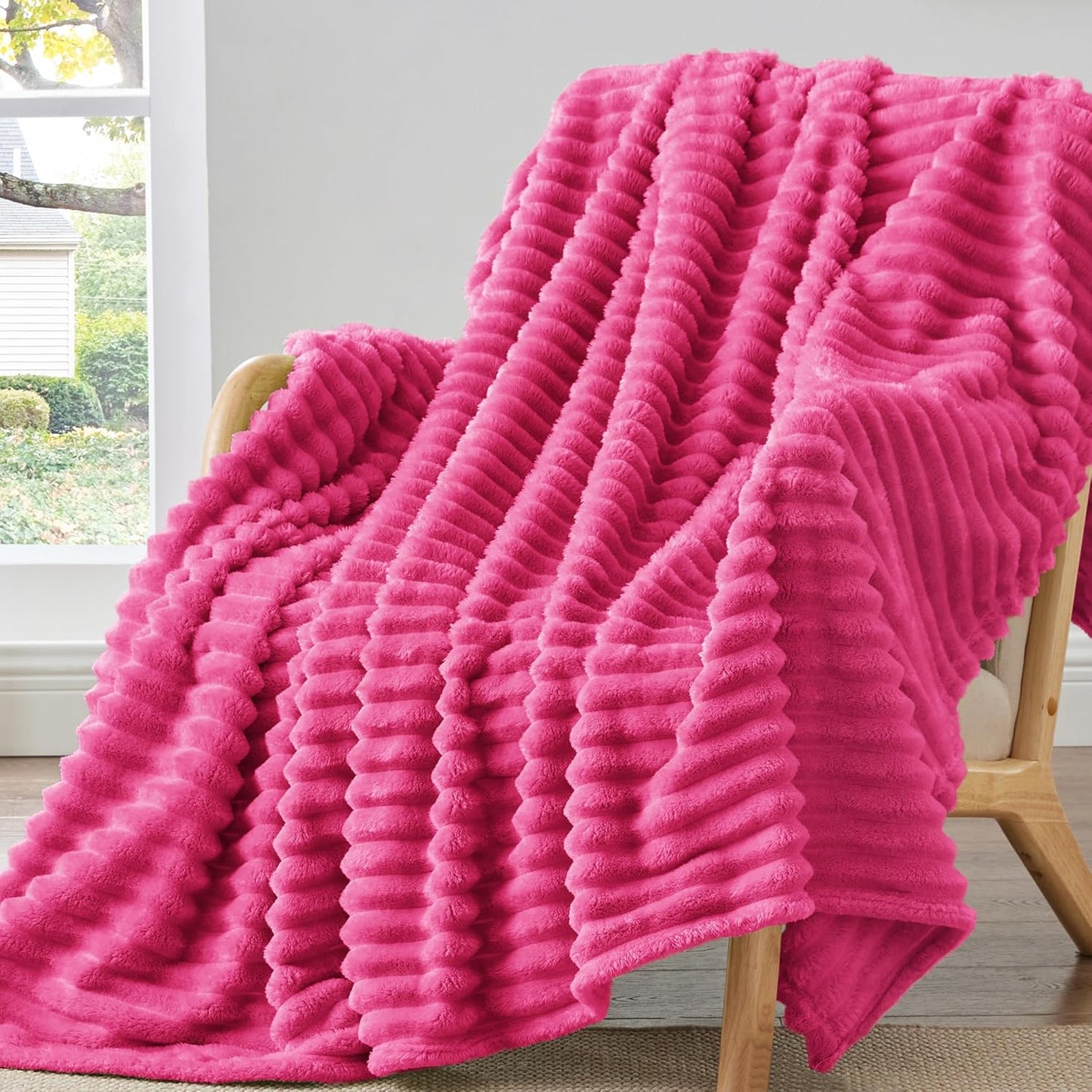 BEDELITE Fleece Throw Blanket for Couch - 300GSM Soft & Warm Fluffy Cream White Blanket, Decorative and Giftable Striped Blankets for Women, Men, 50"x60"
