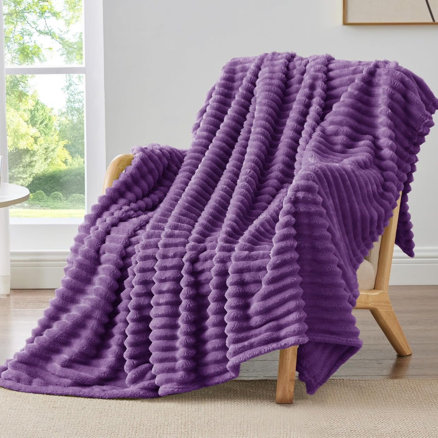BEDELITE Fleece Throw Blanket for Couch - 300GSM Soft & Warm Fluffy Cream White Blanket, Decorative and Giftable Striped Blankets for Women, Men, 50"x60"