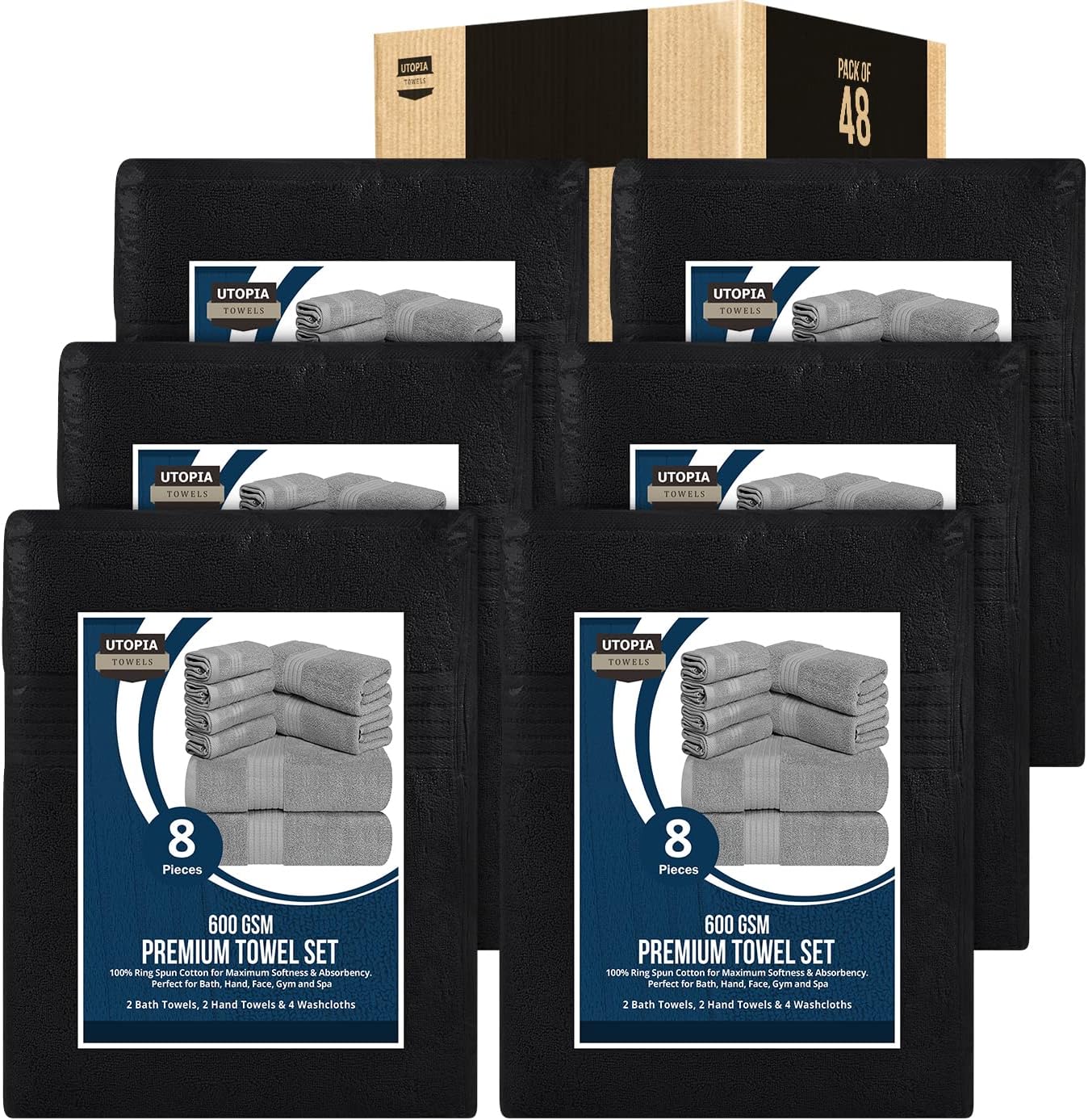 Utopia Towels 8 Piece Premium Towel Set, 2 Bath, 2 Hand, and 4 Washcloths, 100% Ring Spun Cotton, Highly Absorbent Towels for Bathroom, Sports, and Hotel, Grey
