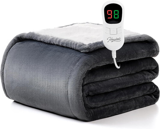 Homemate Heated Blanket Electric Throw - 50"x60" Heating Blanket Throw 1/2/4/6/8 Hours Auto-Off 10 Heat Level Over-Heat Protection Flannel Sherpa Electric ETL Certification