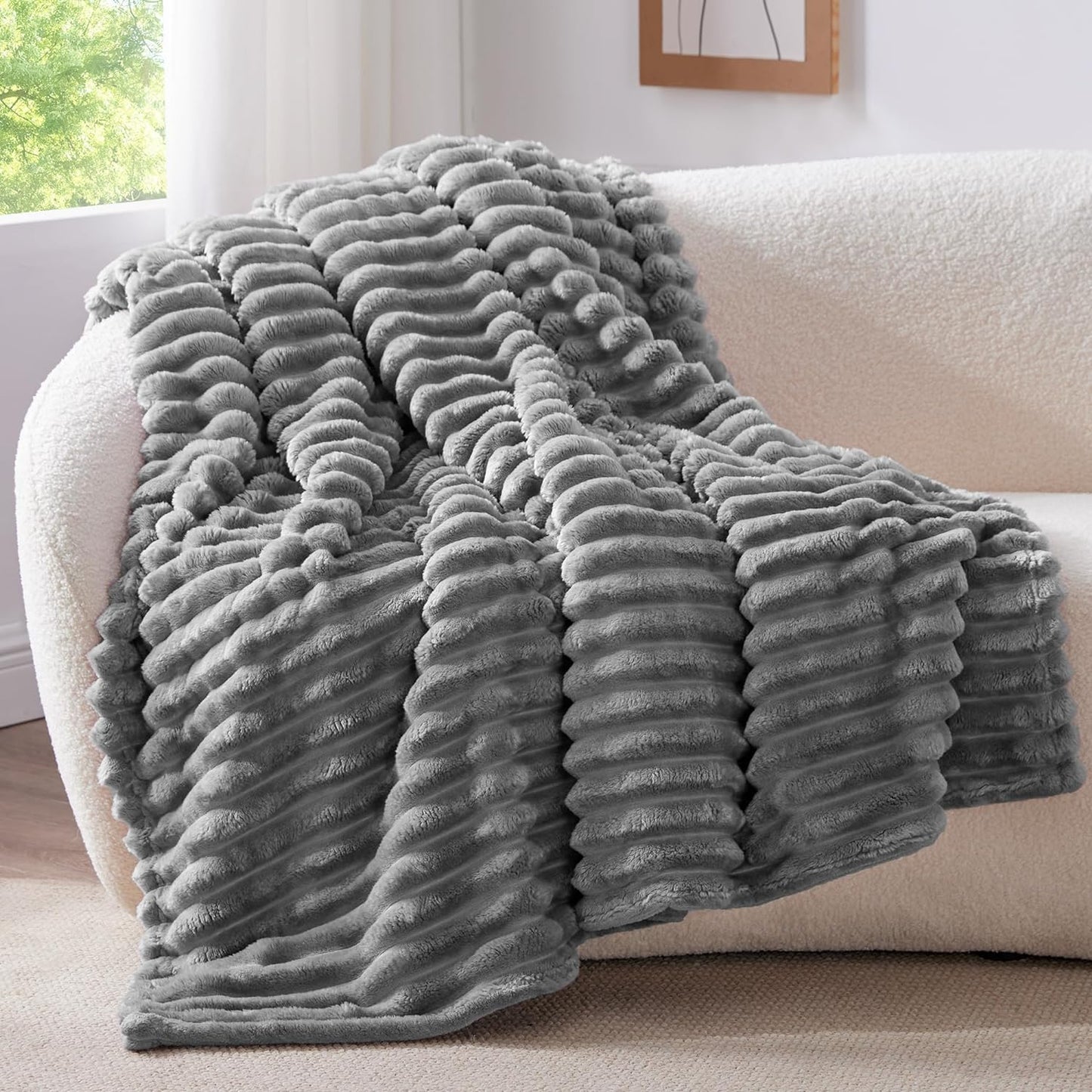BEDELITE Fleece Throw Blanket for Couch - 300GSM Soft & Warm Fluffy Cream White Blanket, Decorative and Giftable Striped Blankets for Women, Men, 50"x60"